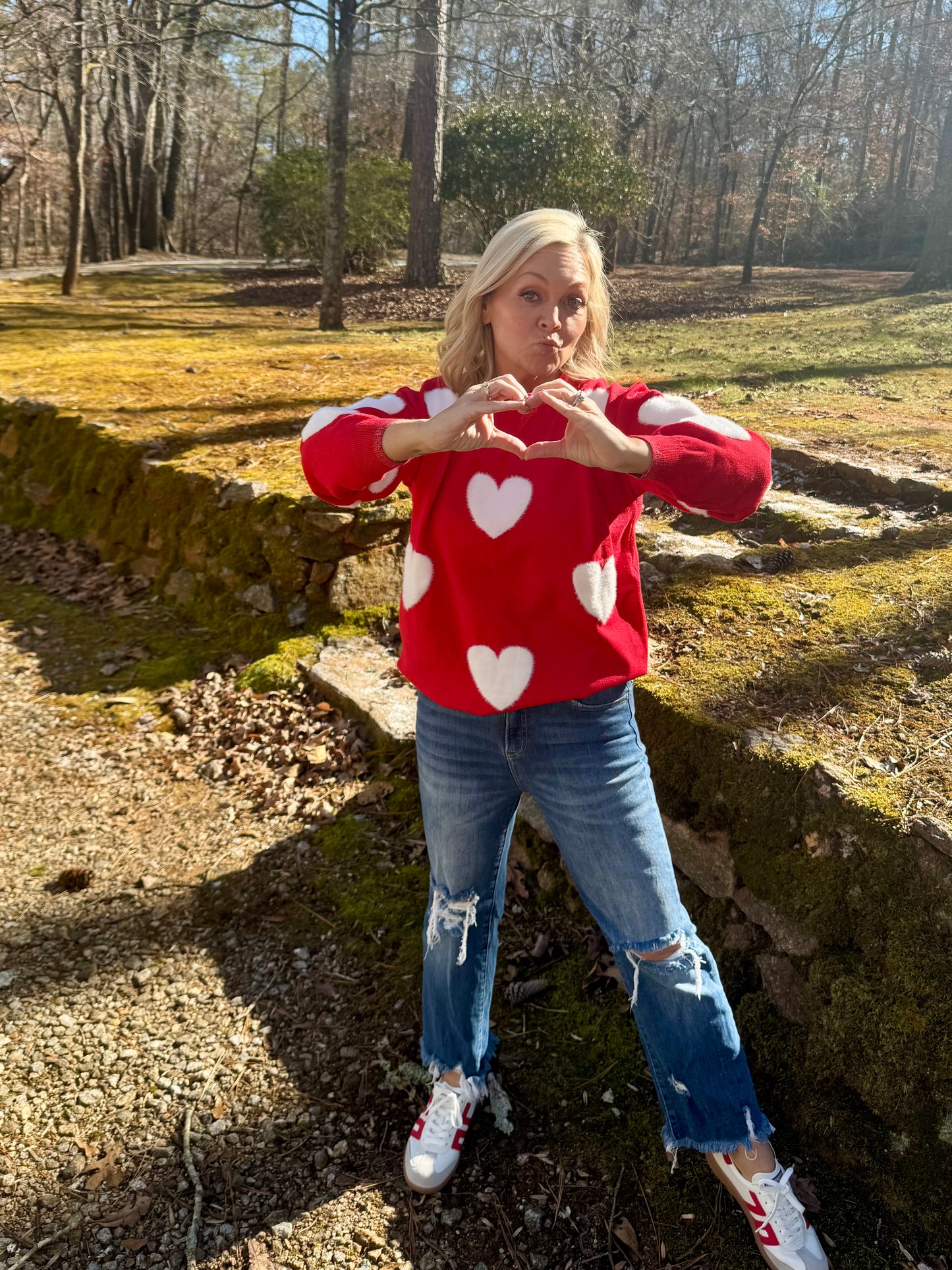 Valentine’s Day sweater red with white hearts marked down