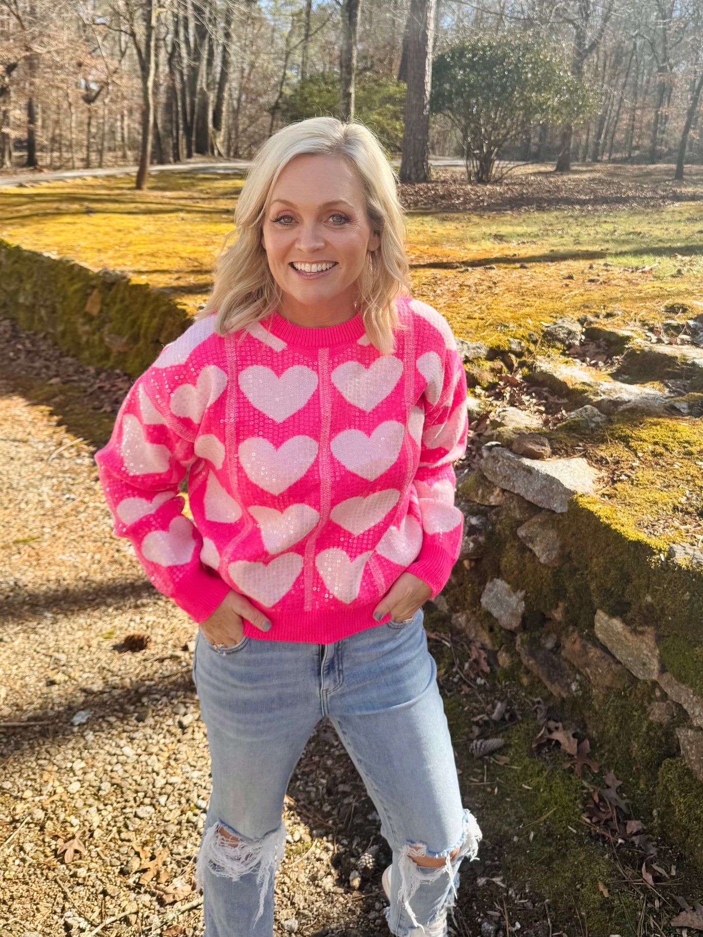 Pink sequin heart sweater warehouse clearance sale marked down