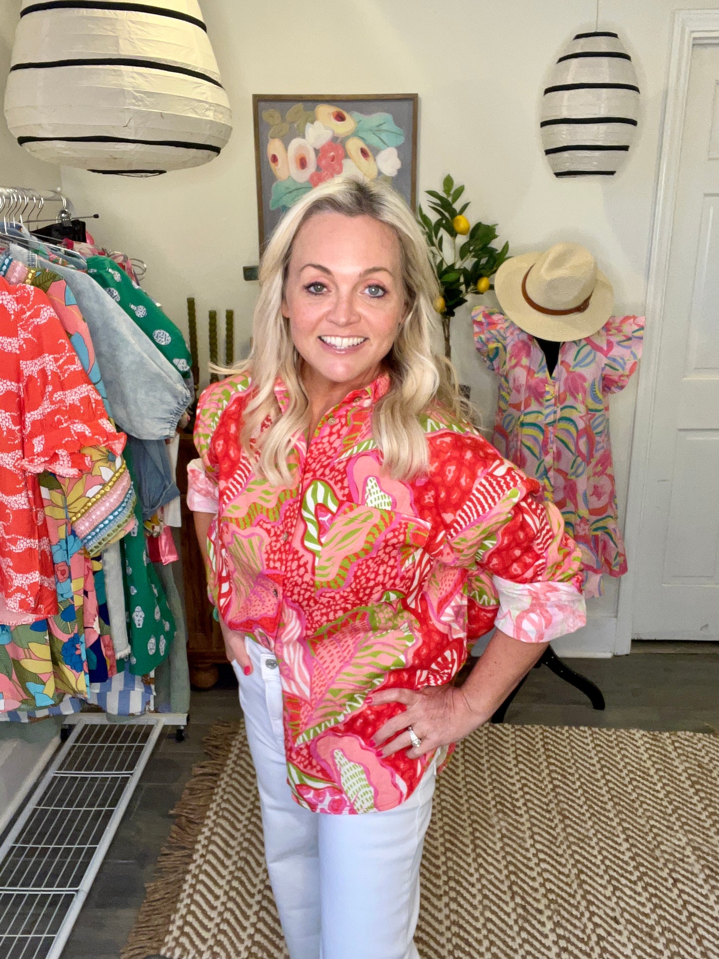 Blouse spring summer coral green button up warehouse clearance sale