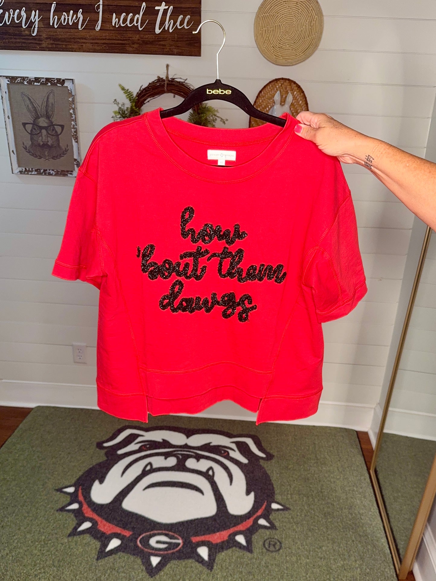 New Glitter script boxy red top “How bout them dawgs”
