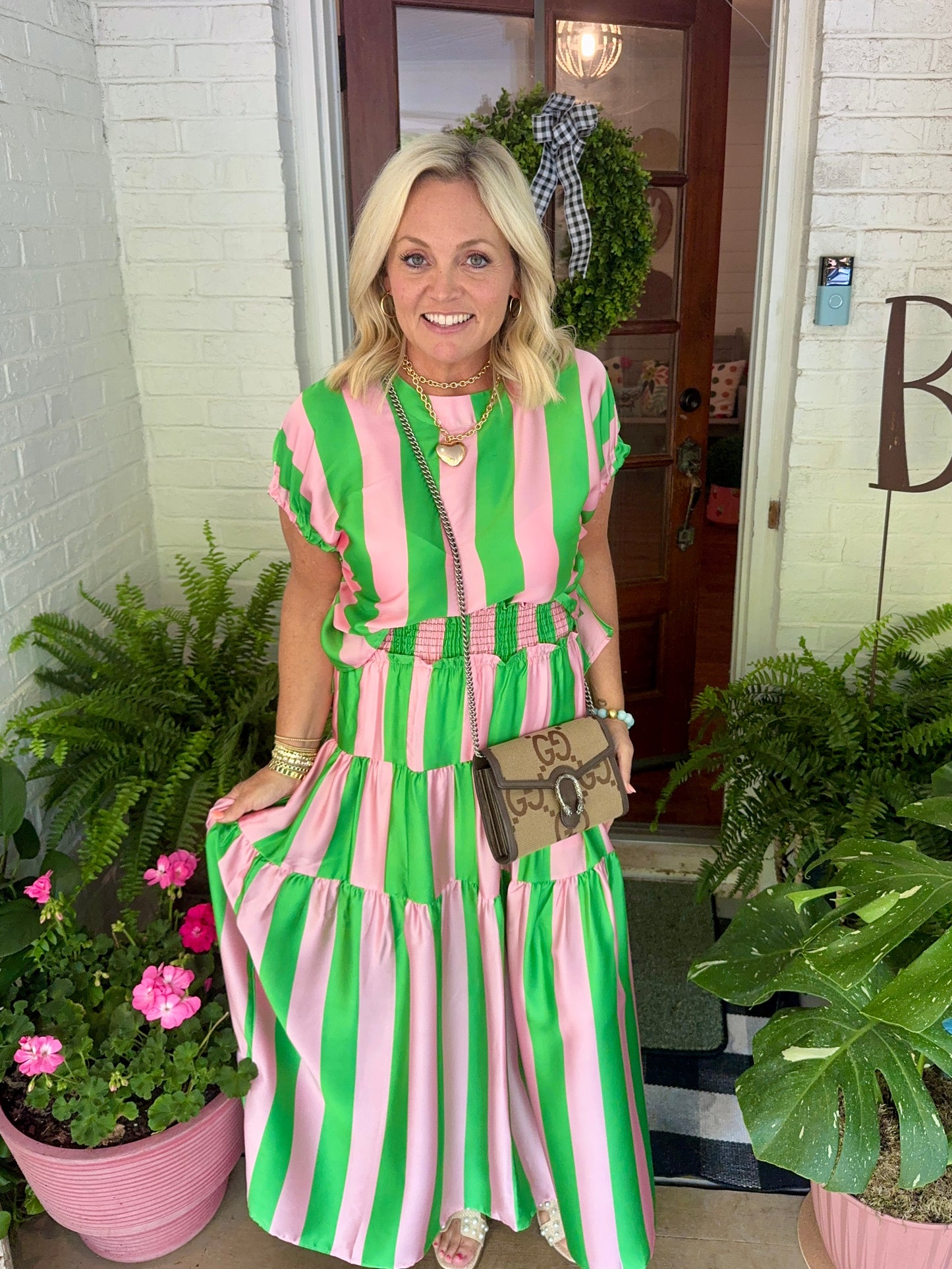 Summer green and pink striped summer skirt marked down