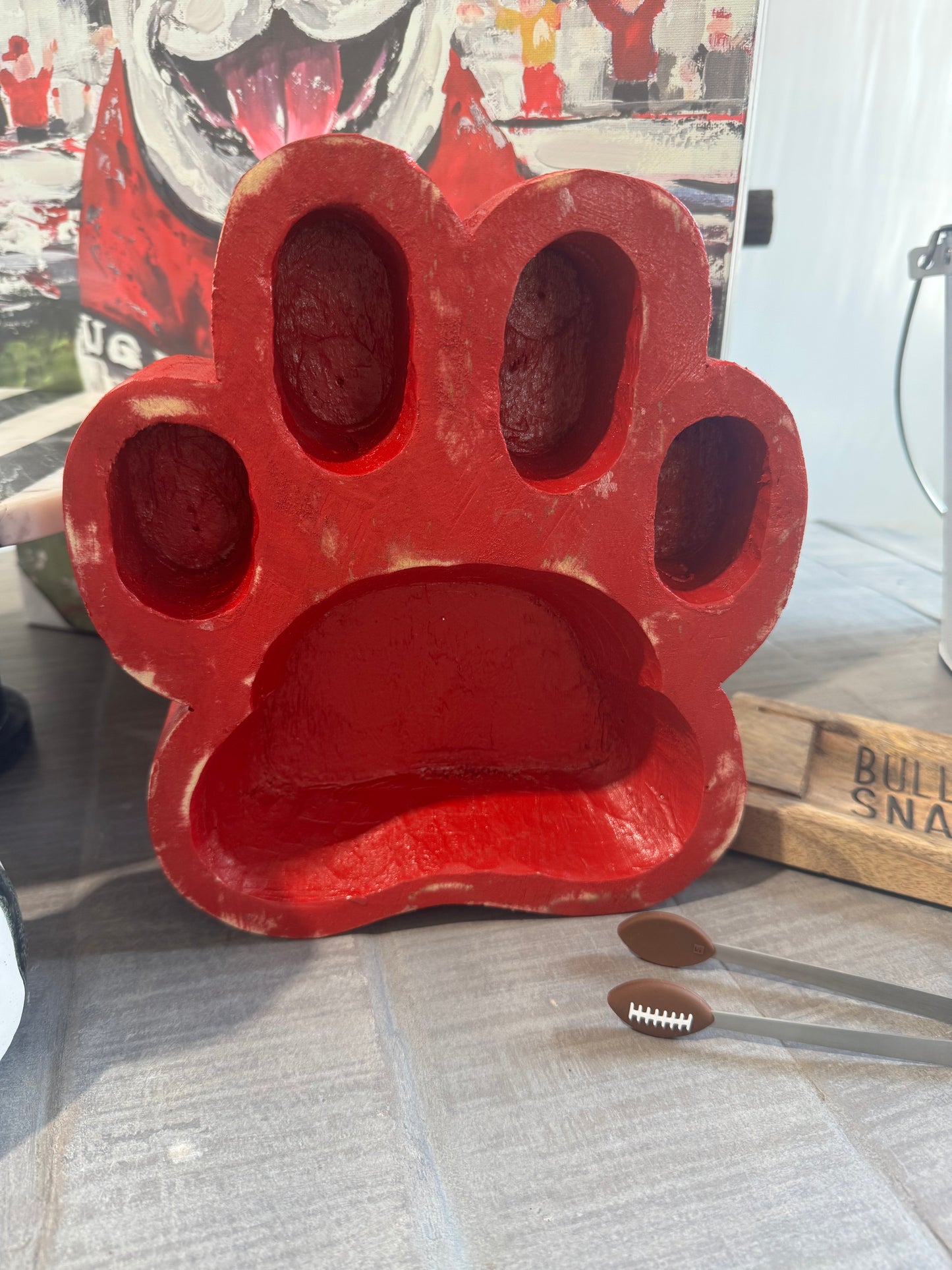 Large wood bulldog paw bowl