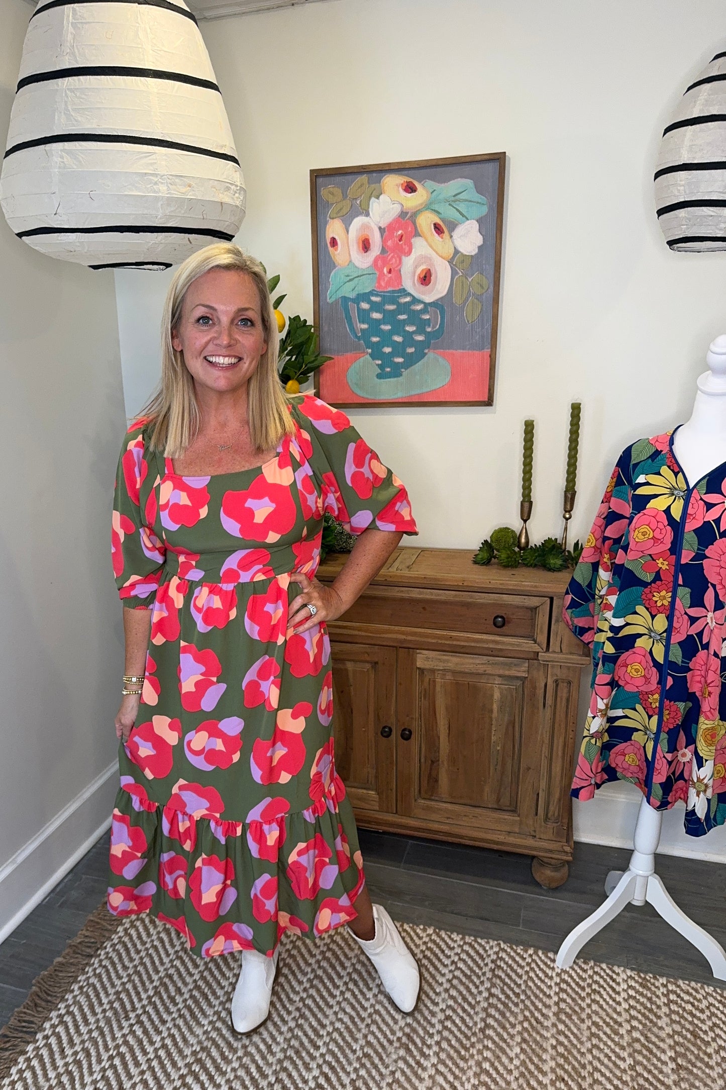 boutique dress floral olive green