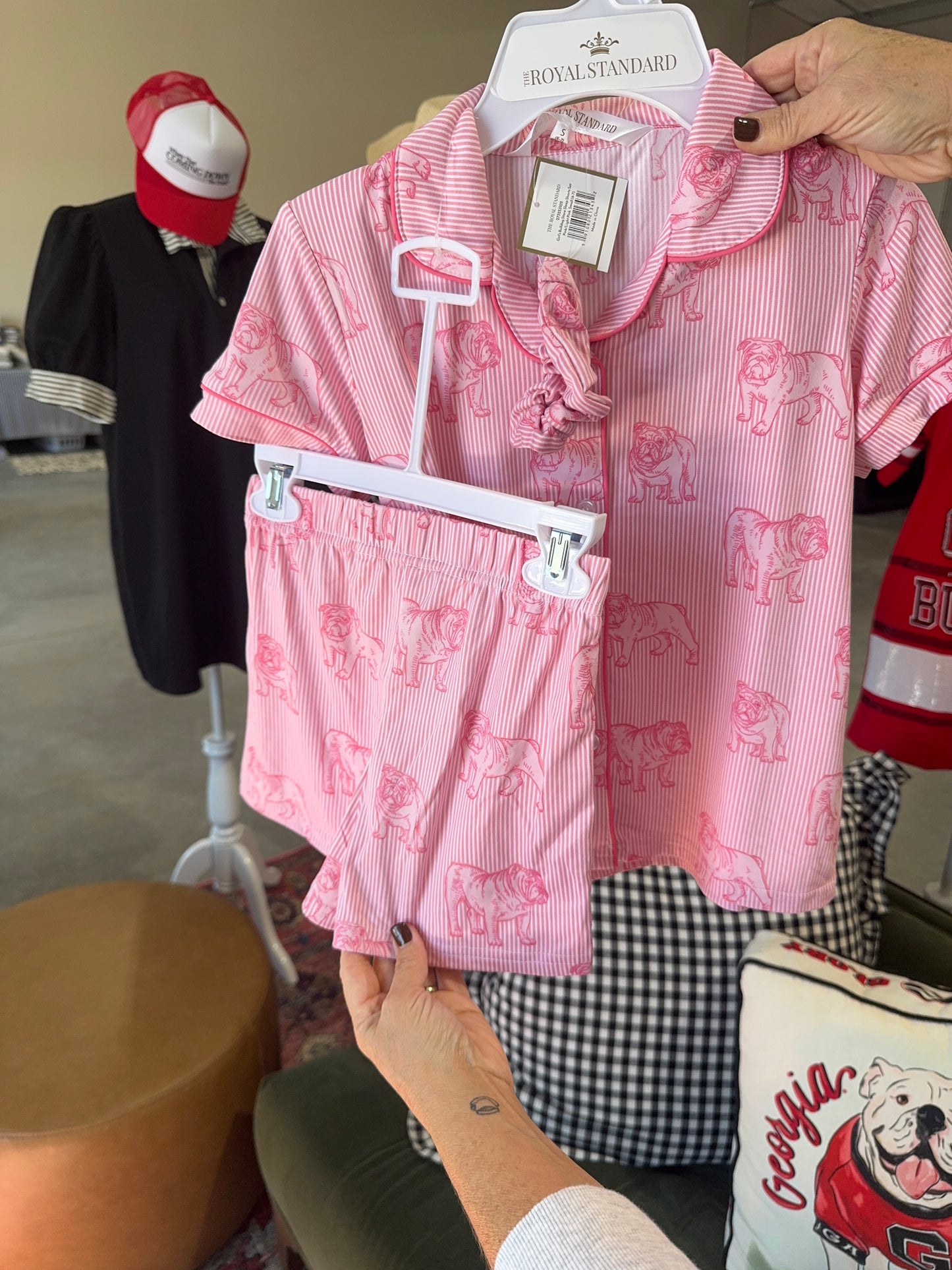 Pink bulldog little girls sleep set shorts, top and scrunchie