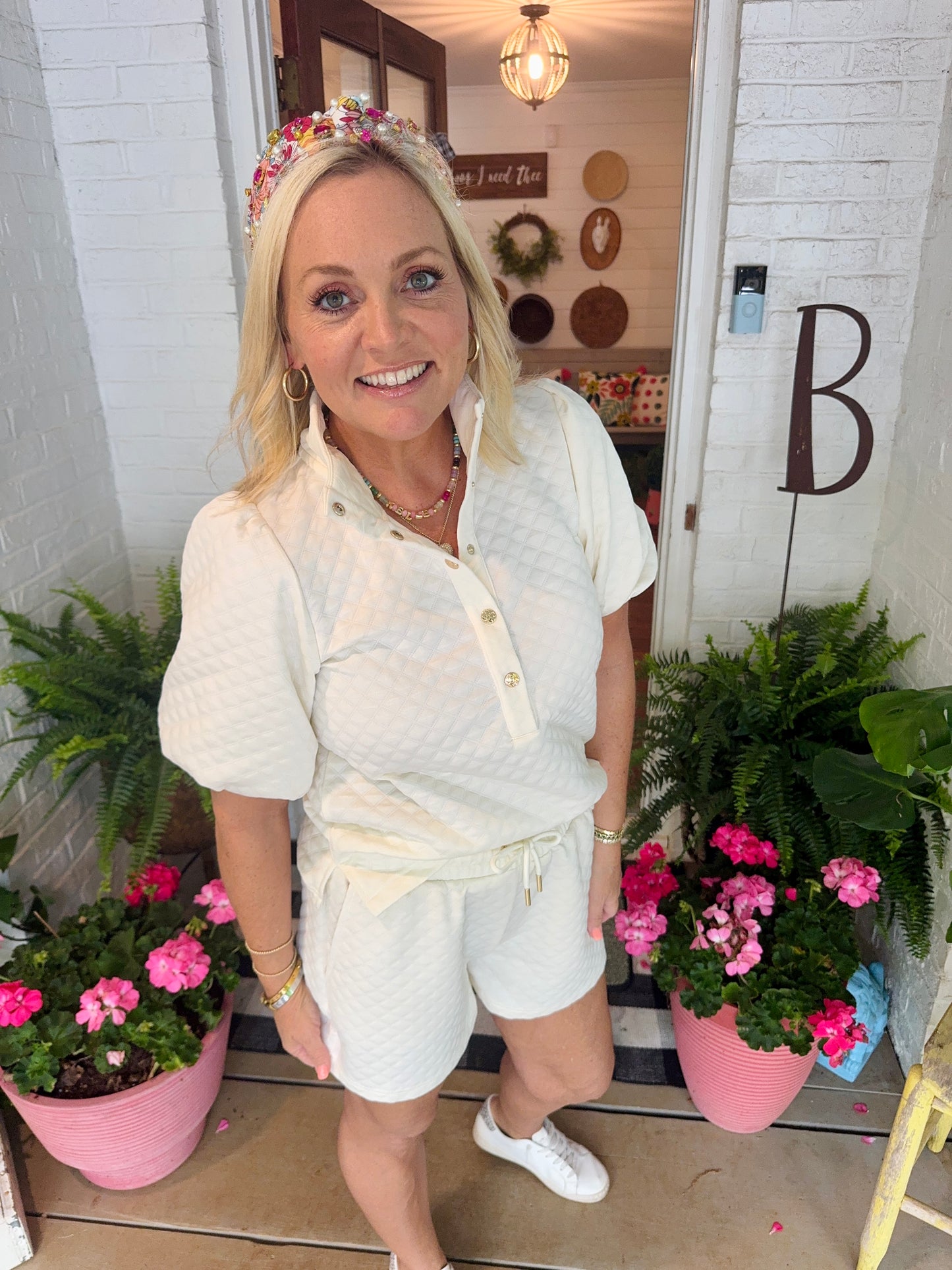 White cream ivory summer set jacquard bubble sleeve marked down