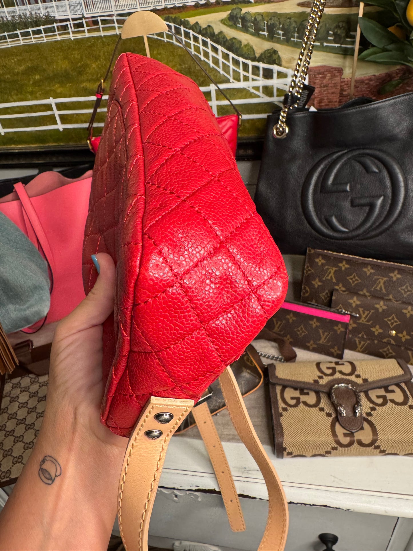pre loved Chanel Red Hishige Caviar Shoulder Bag Silver Shoulder Back Bag Red Shoulder Bag Caviar (grained Calf) AB
