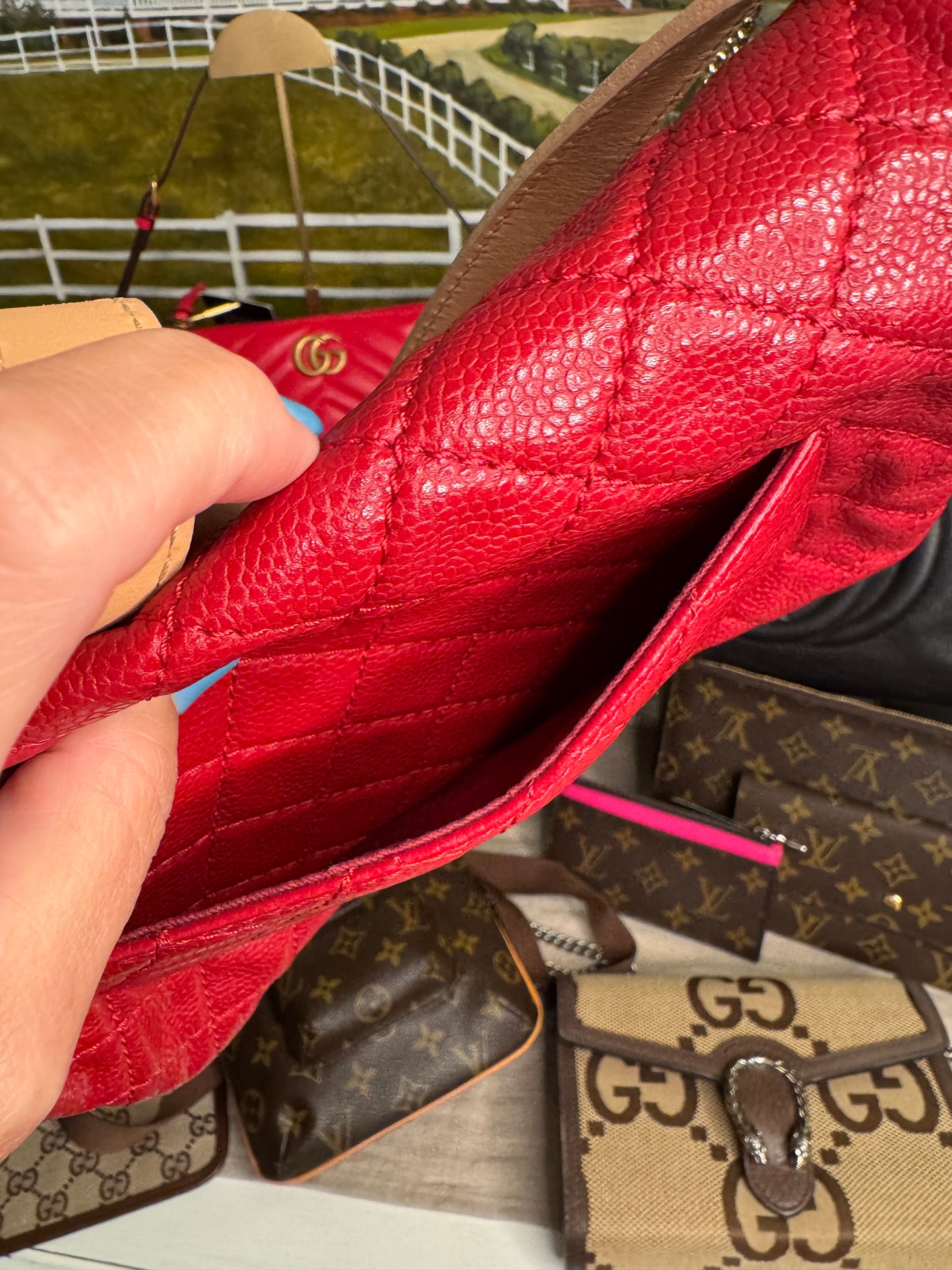 pre loved Chanel Red Hishige Caviar Shoulder Bag Silver Shoulder Back Bag Red Shoulder Bag Caviar (grained Calf) AB