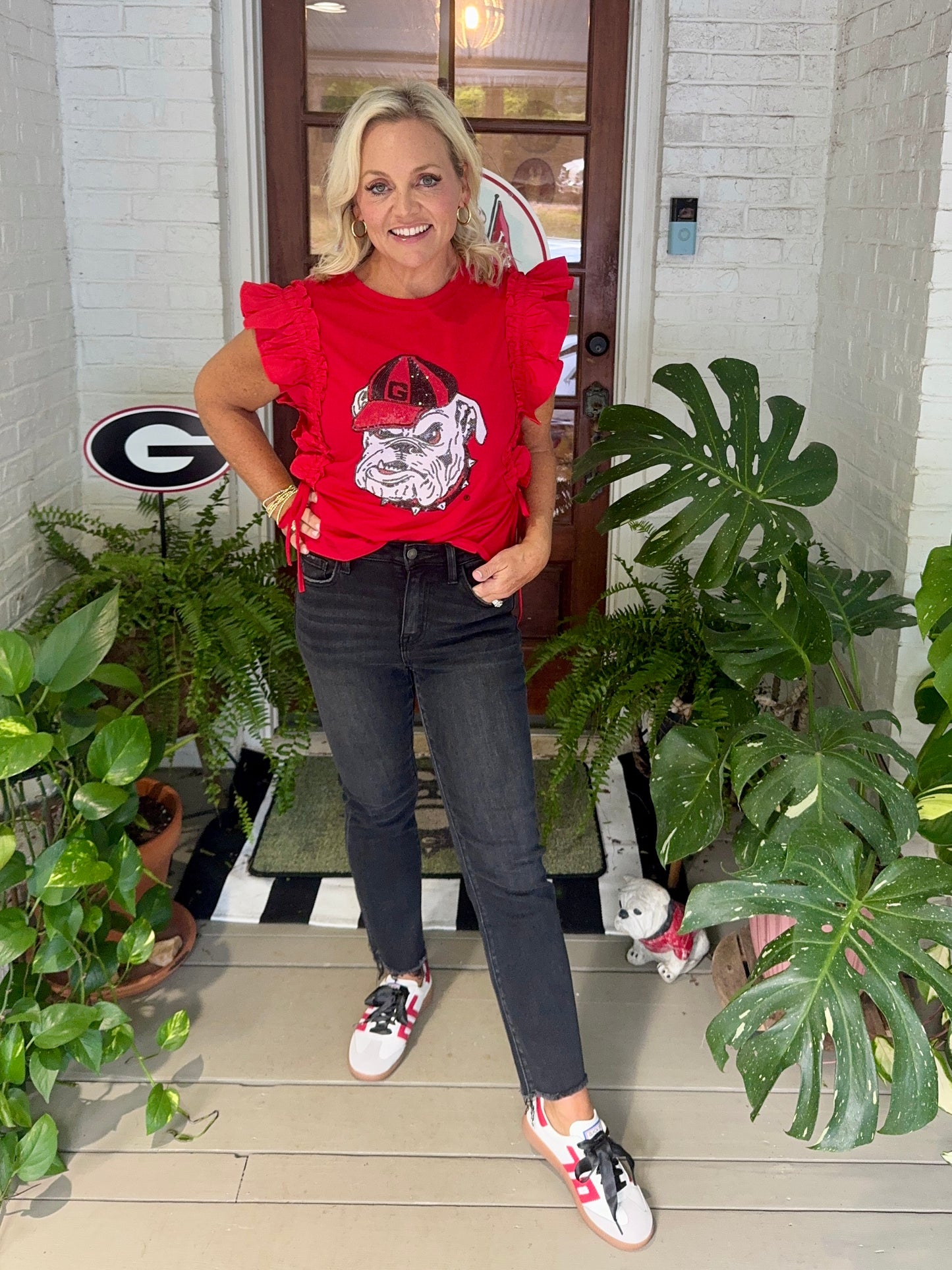 Ruffle Red top licensed with bulldog