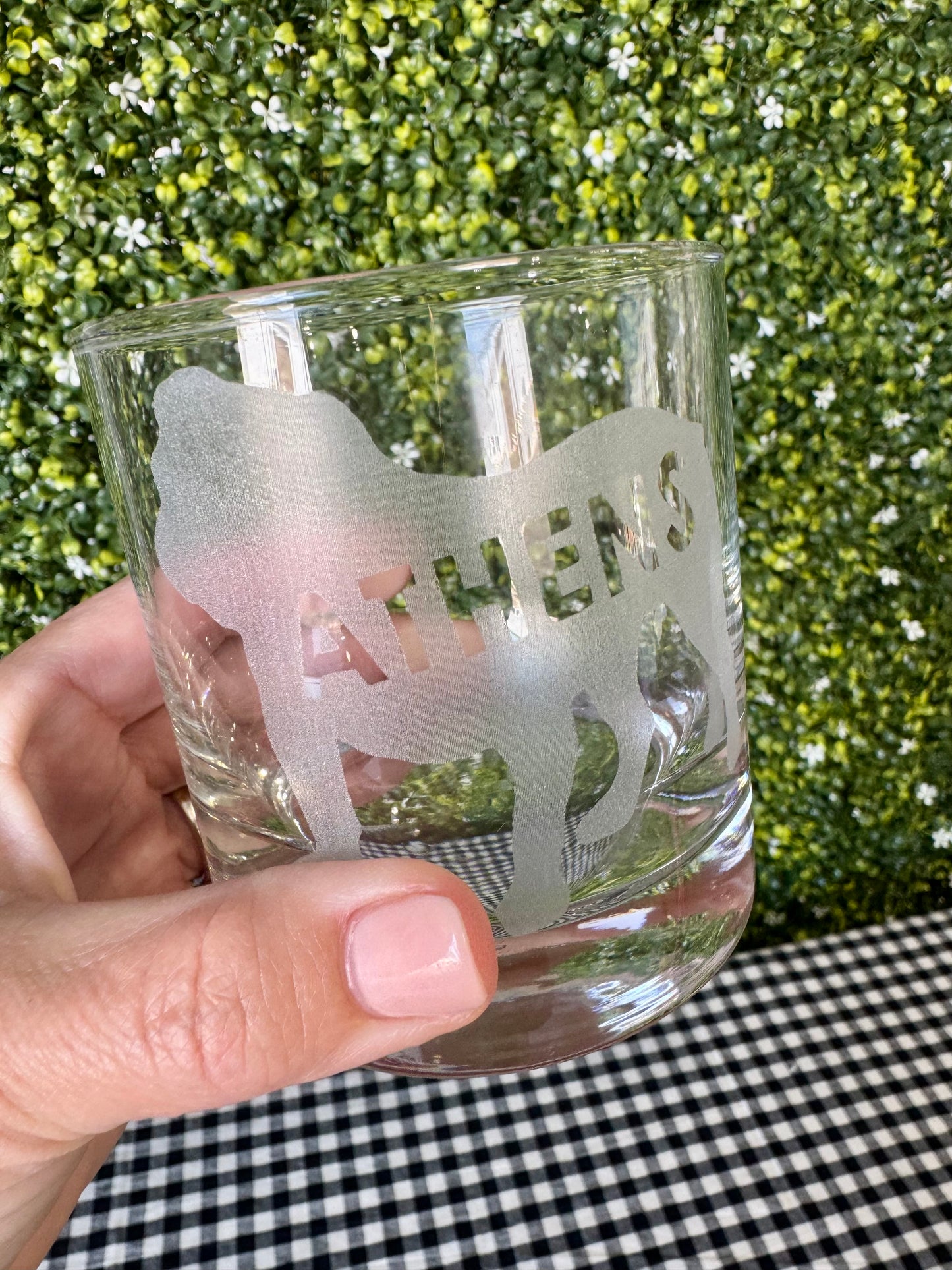 Athens bulldog whisky glass etched
