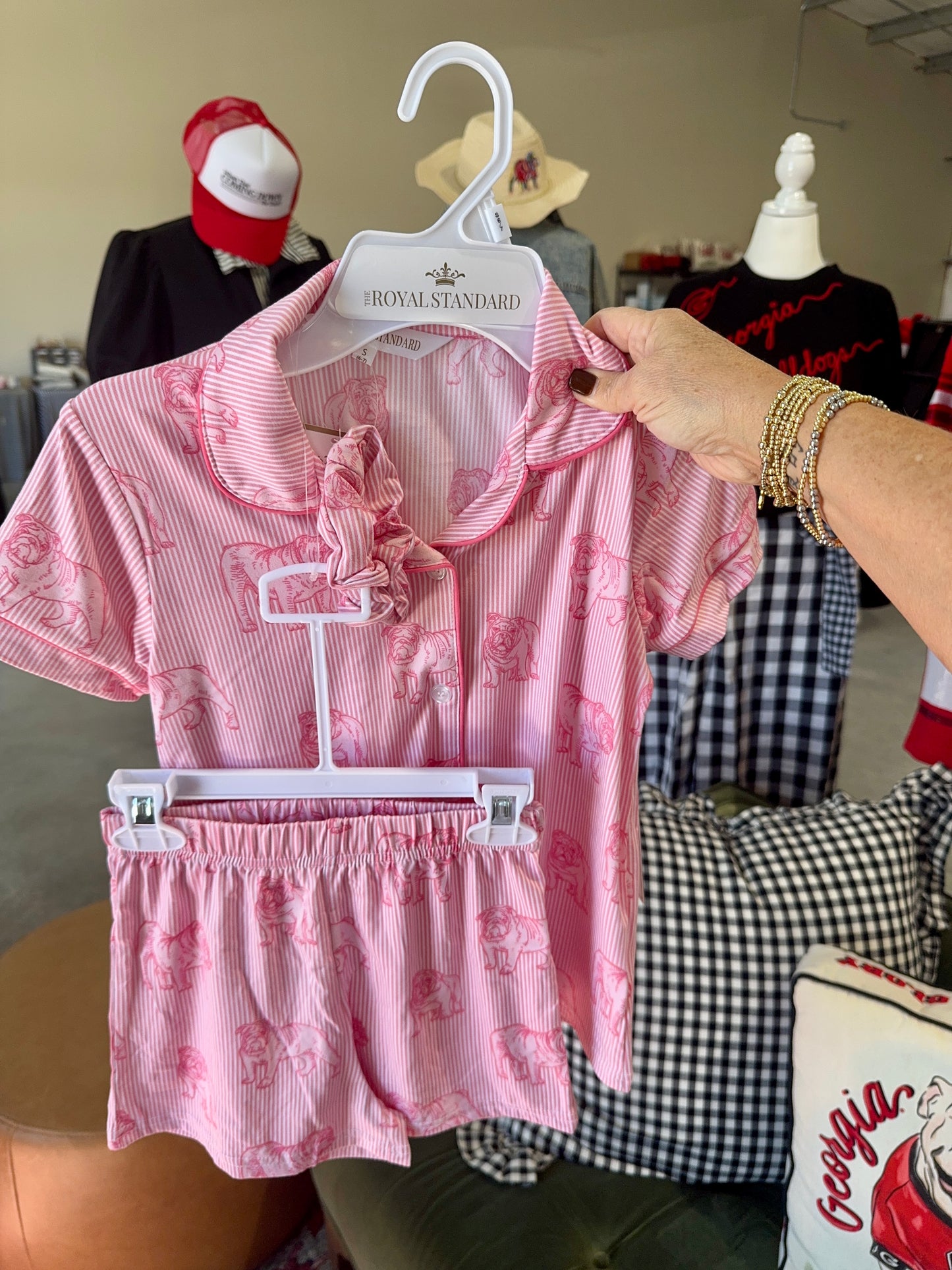 Pink bulldog little girls sleep set shorts, top and scrunchie