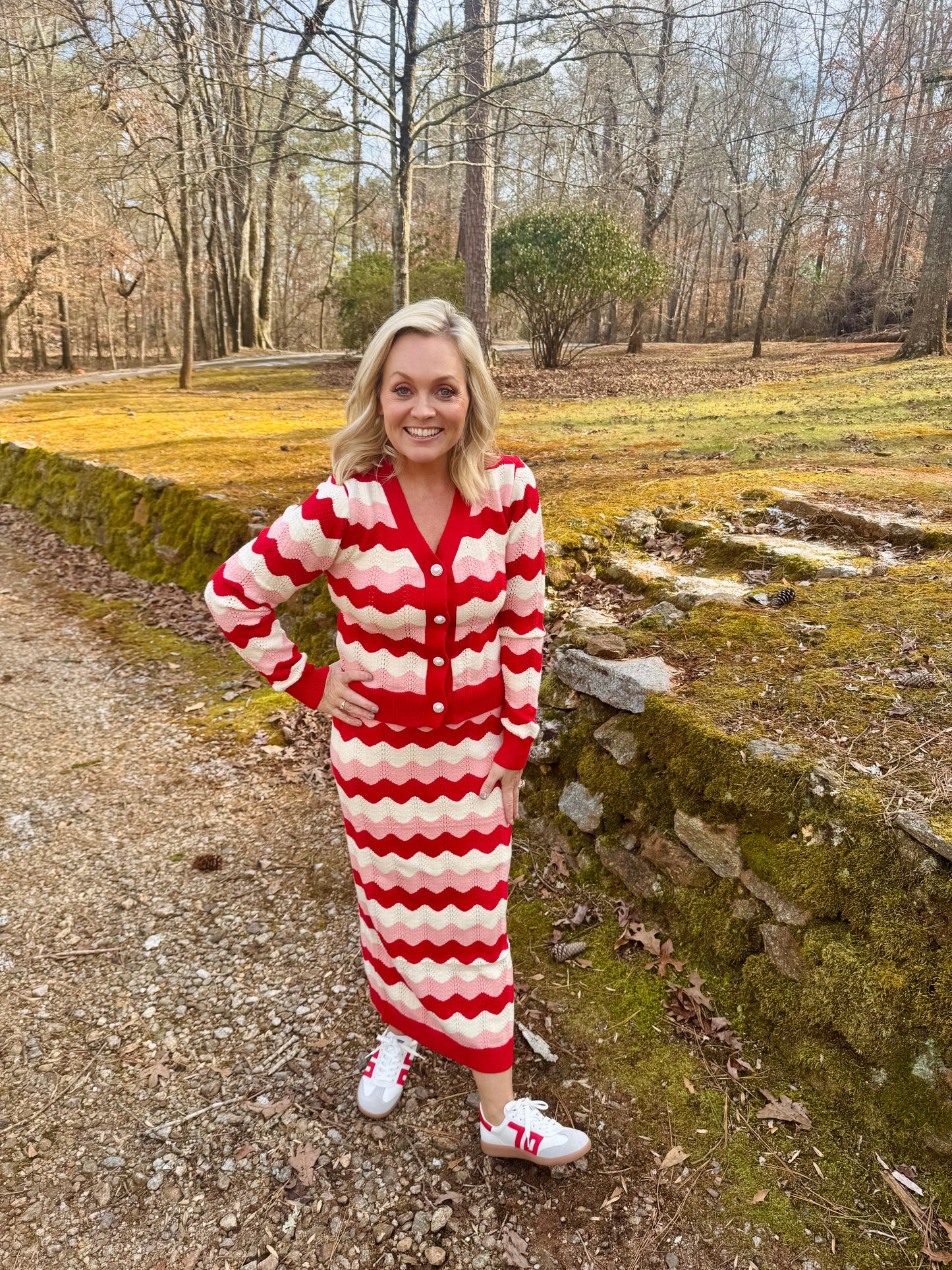 Ric rac sweater cropped cardigan pink red and white warehouse clearance sale marked down