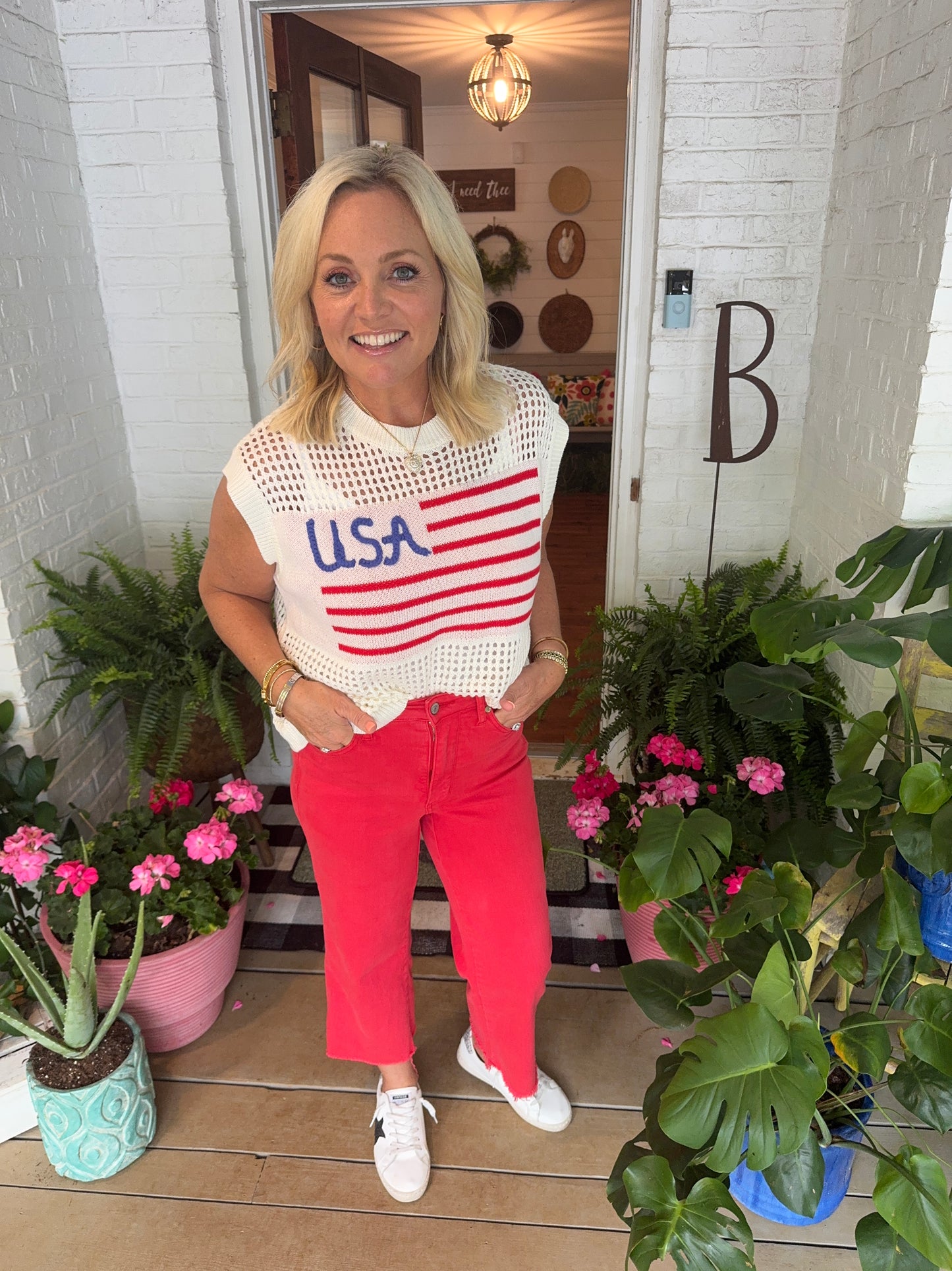 American flag light weight knit top sleeveless summer marked down