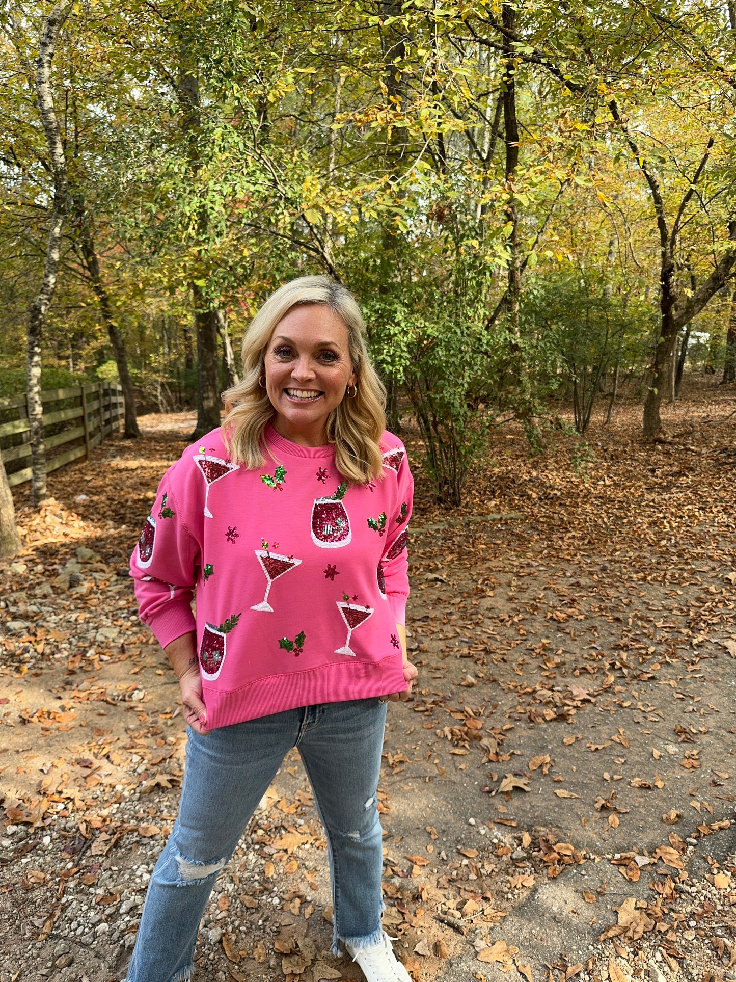 Boutique style sweatshirt martinis cocktails sequins Christmas oversized marked down Christmas