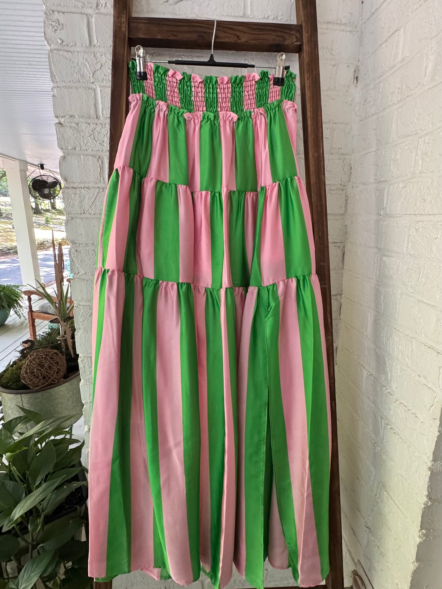 Summer green and pink striped summer skirt marked down