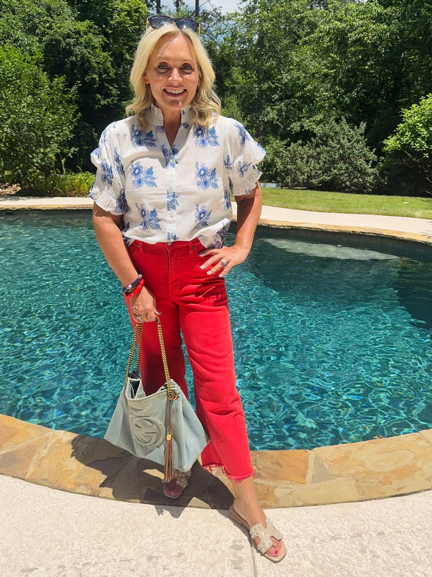 Blue and white floral summer blouse marked down
