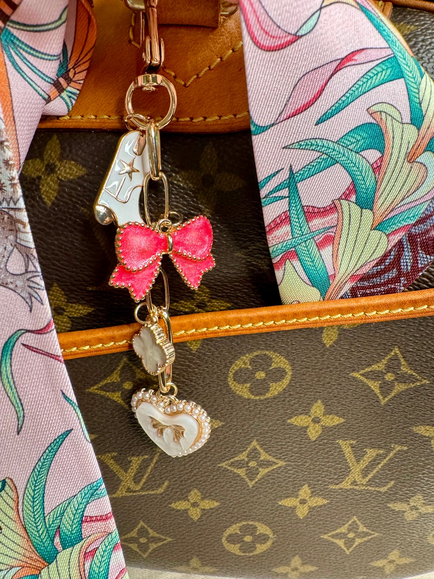 Key chain purse charm boot and bow cluster pink and white