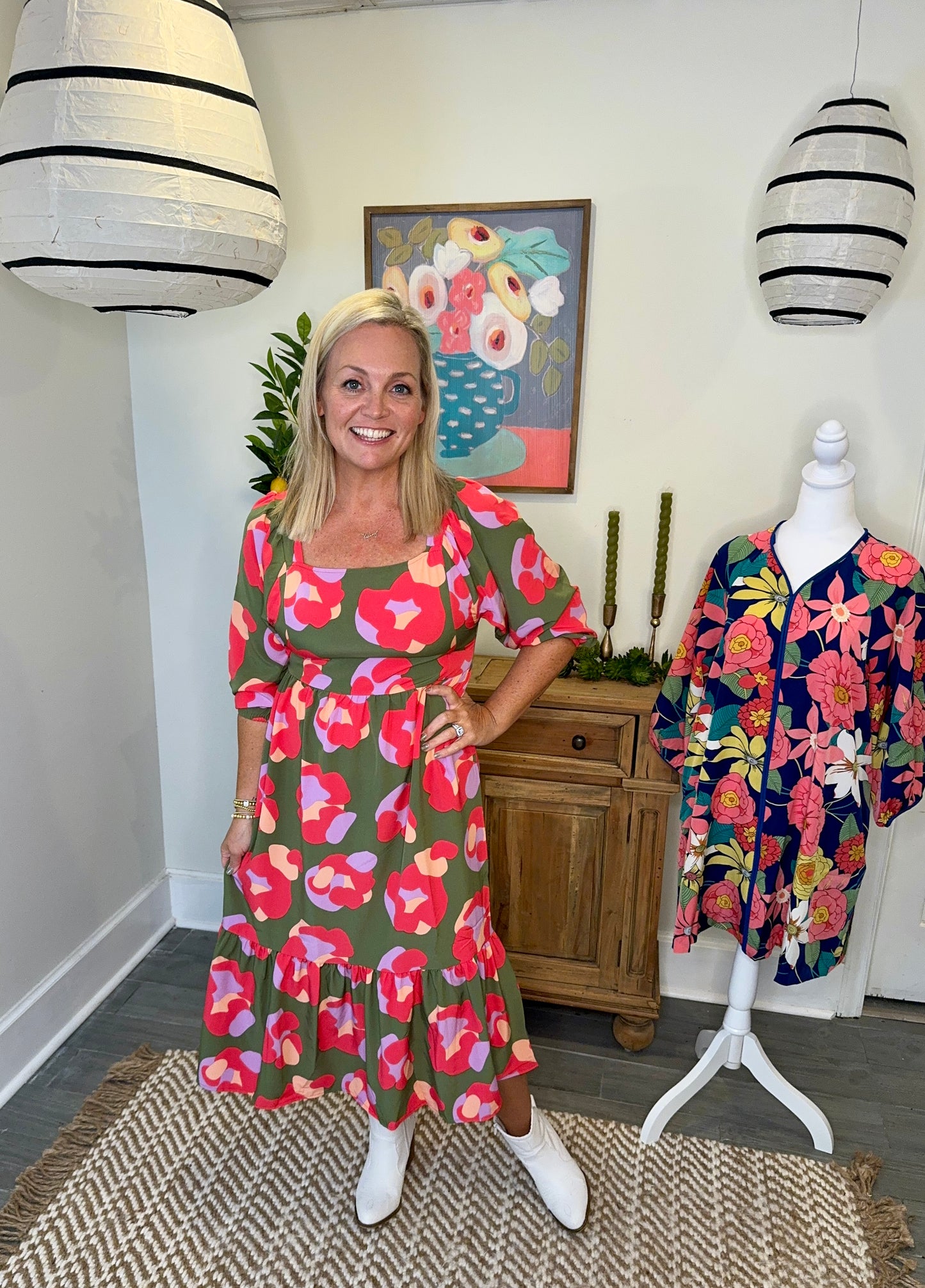 boutique dress floral olive green