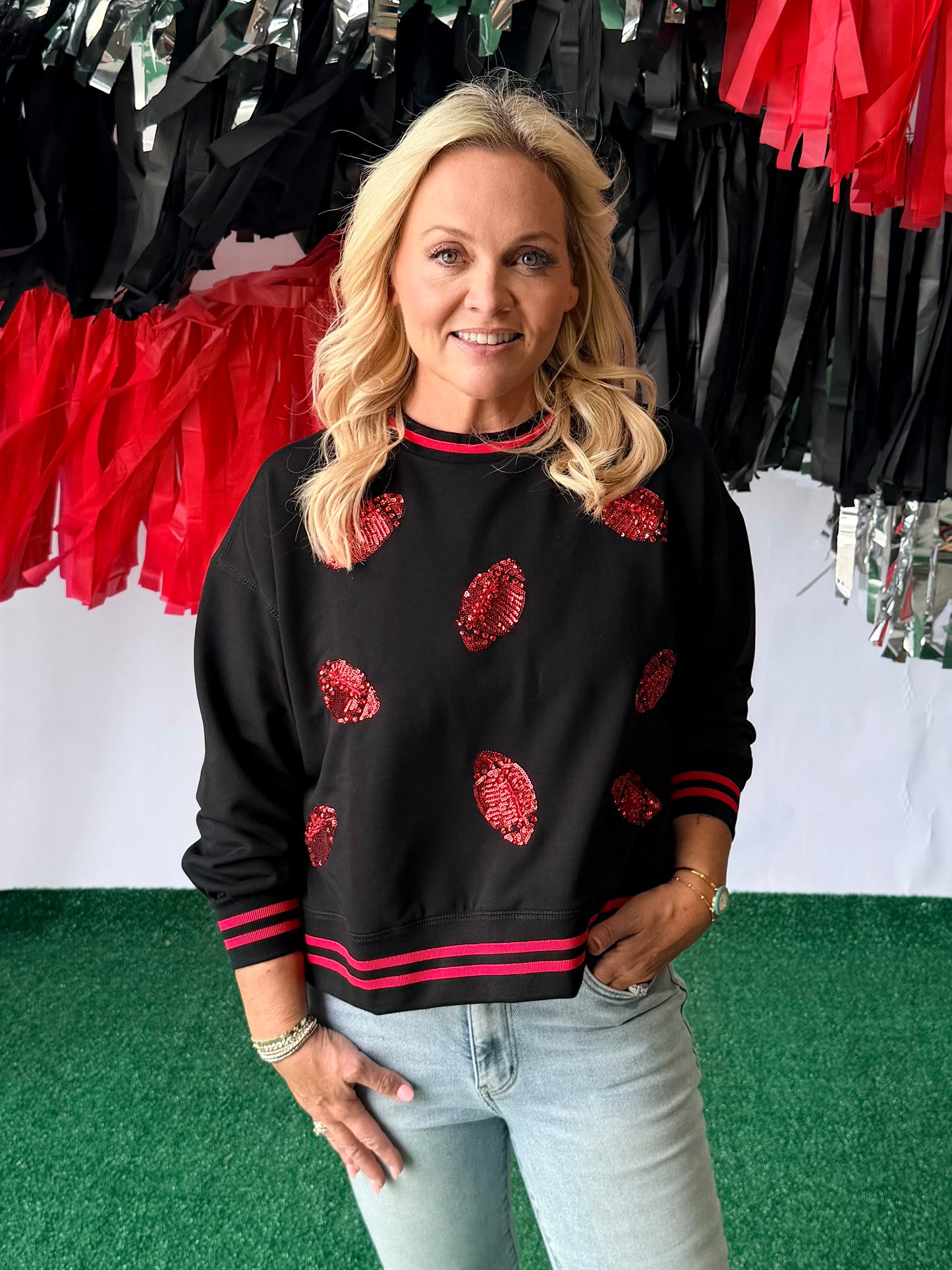 Black and red football sequin boutique luxury sweatshirt