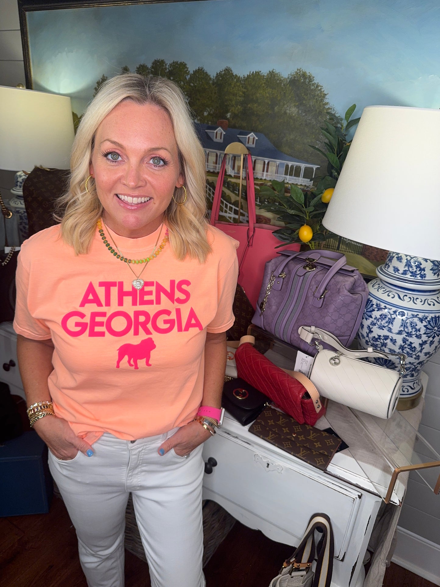Neon orange peach shirt with hot pink Athens summer T-shirt