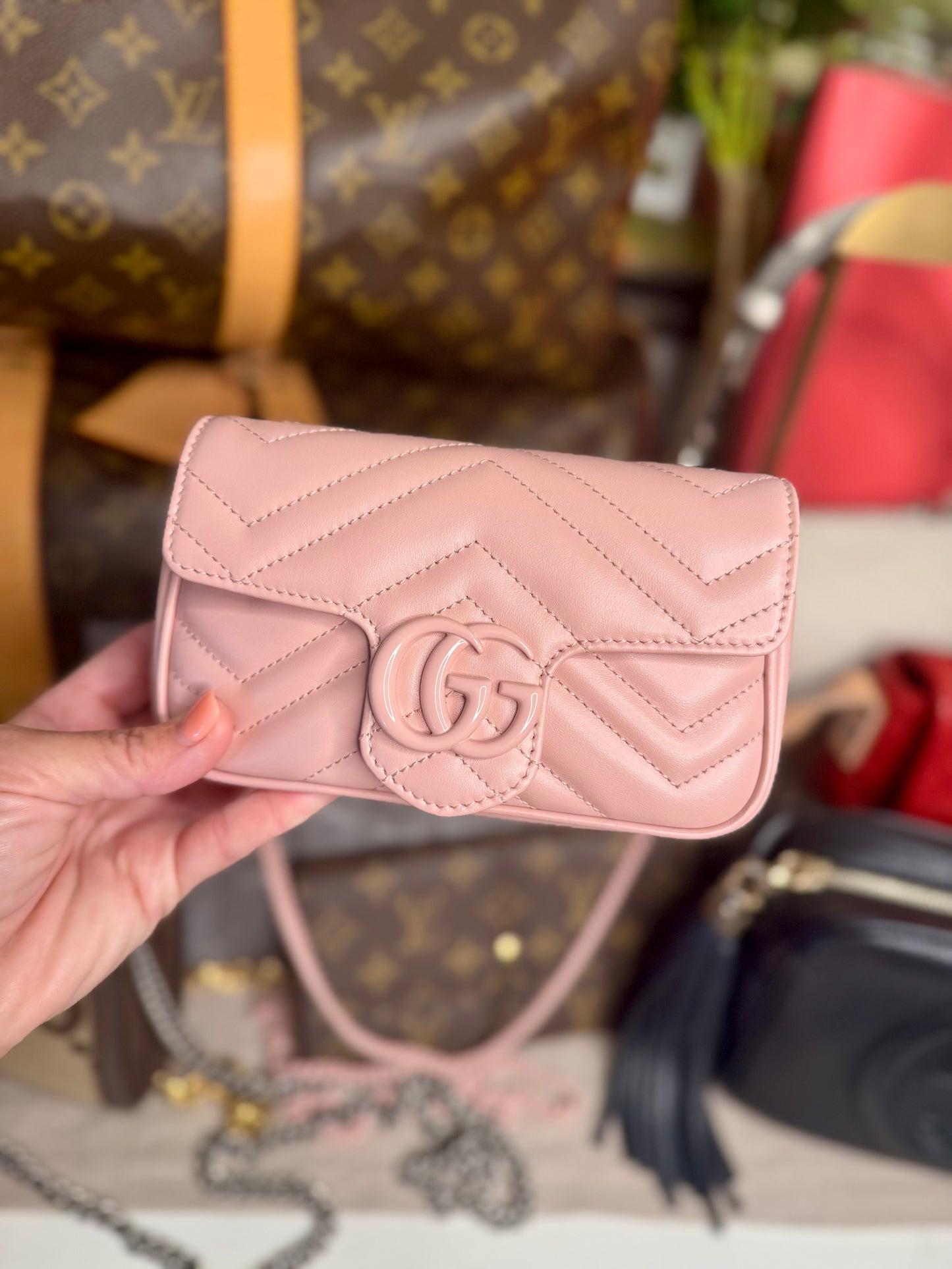 Pink Gucci GG marmont leather mini shoulder bag with chain new!