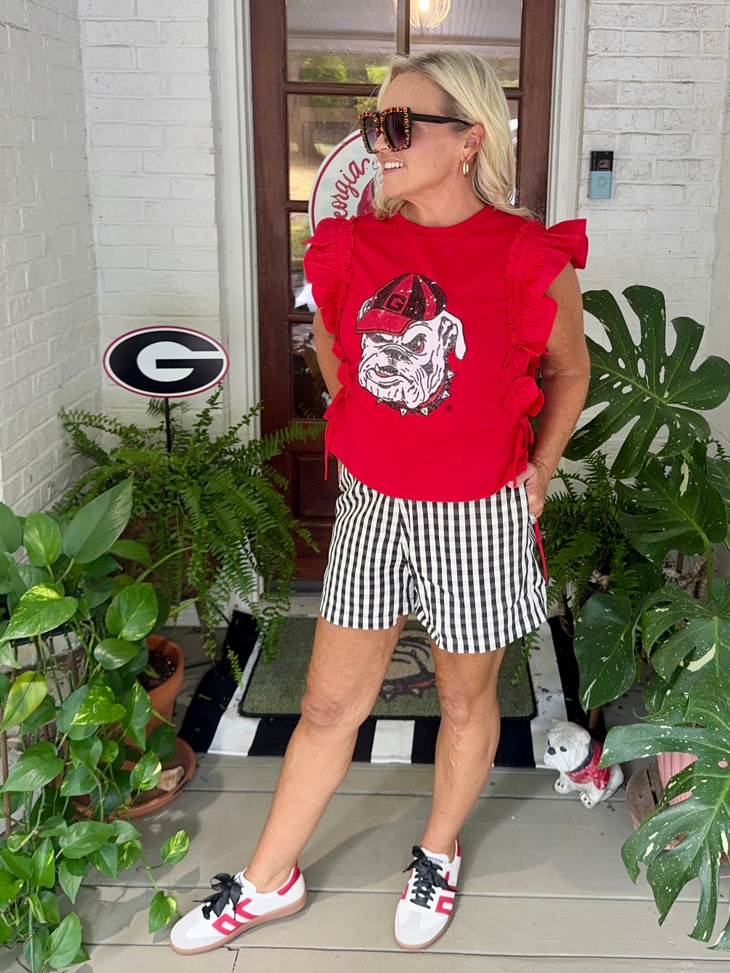 Ruffle Red top licensed with bulldog