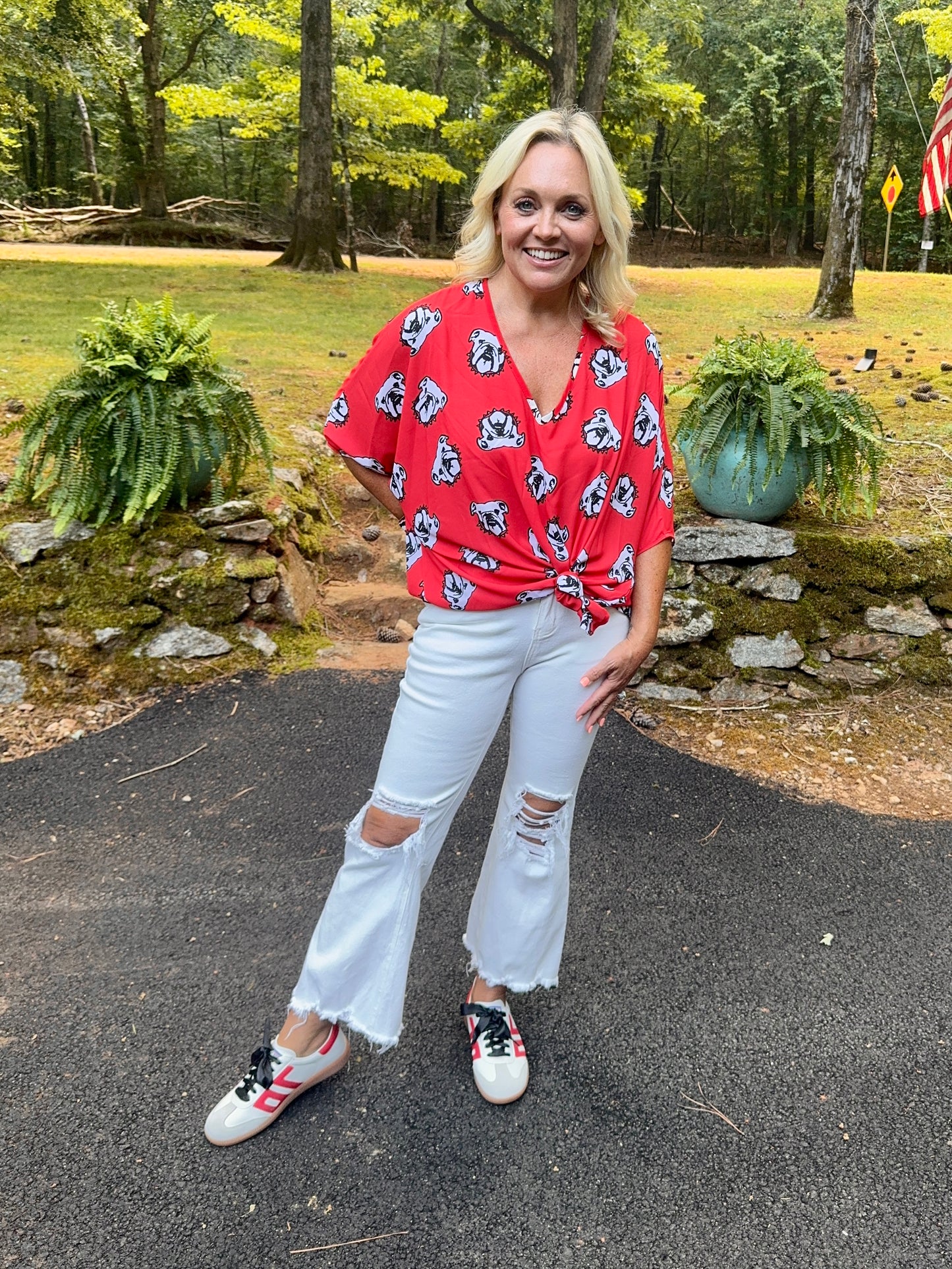 Flowy Red and black bulldog oversized top with sleeves