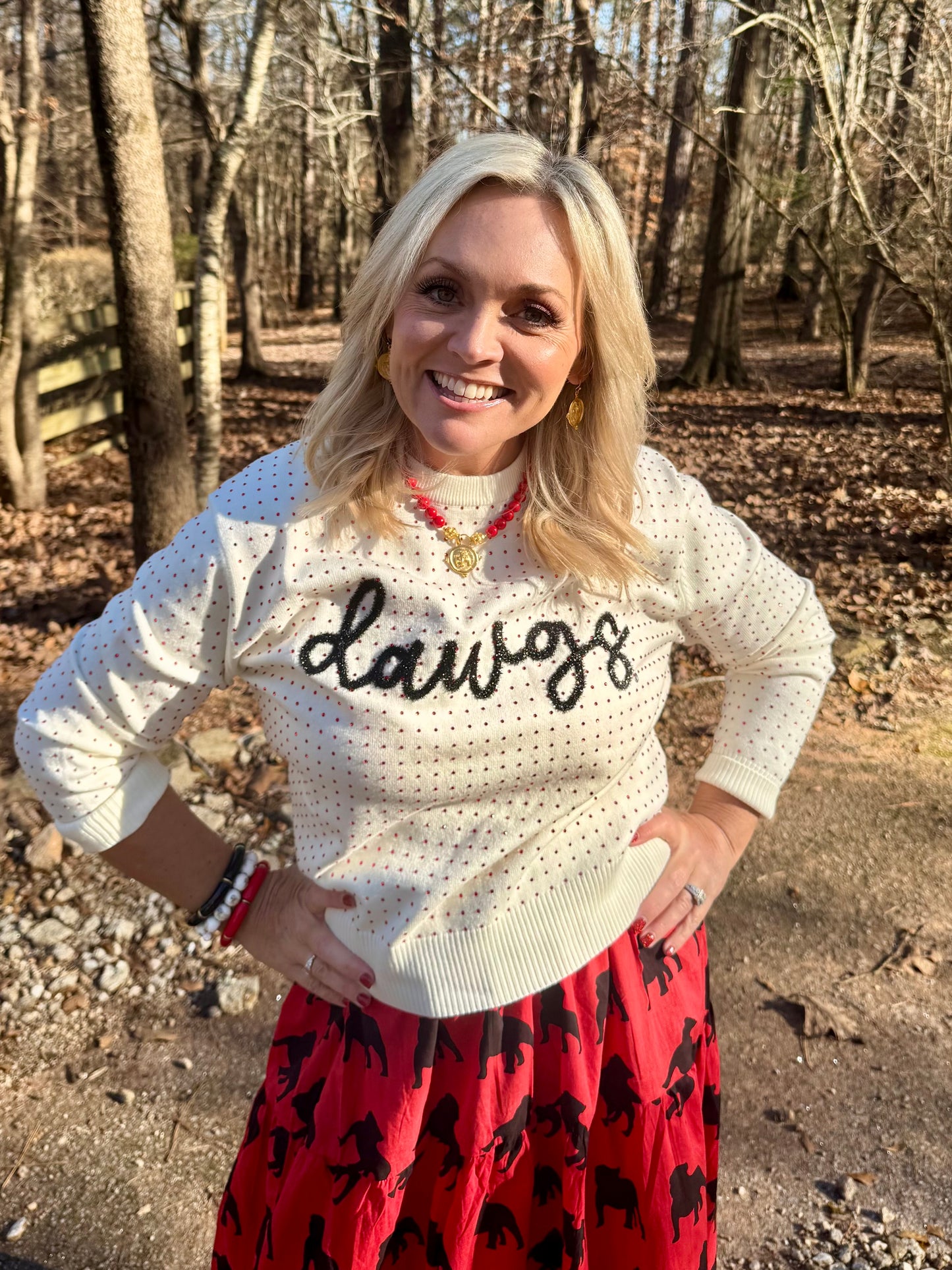 The Dawgs rhinestone and glitter script sweater licensed marked down
