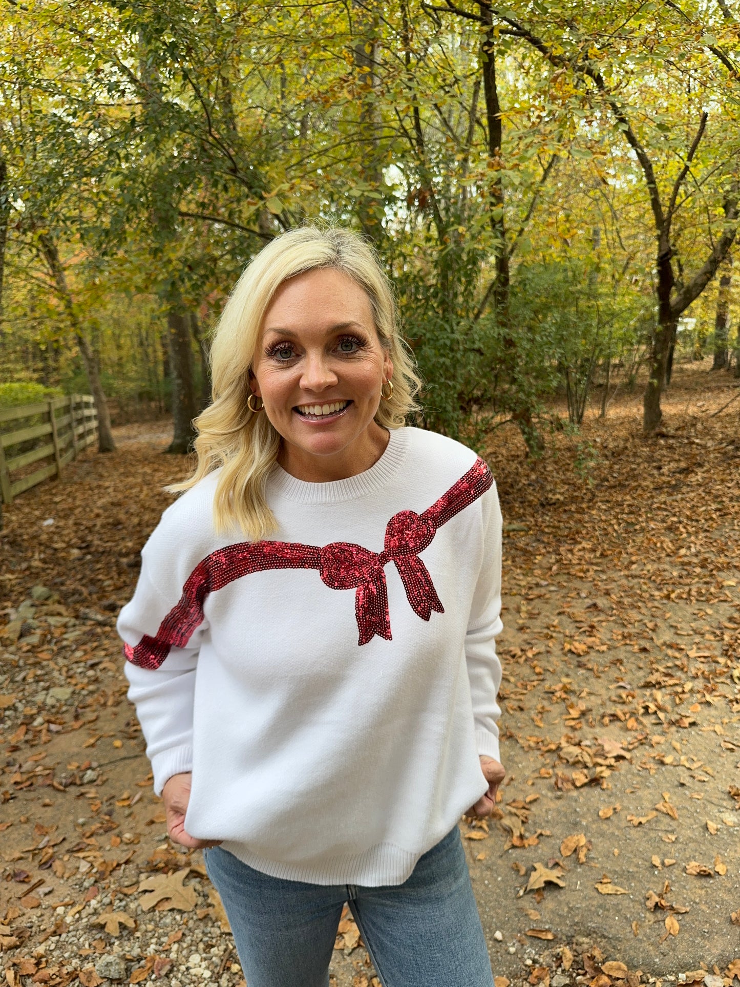 Marked down White sweater red sequin bow Christmas up to size 3X!