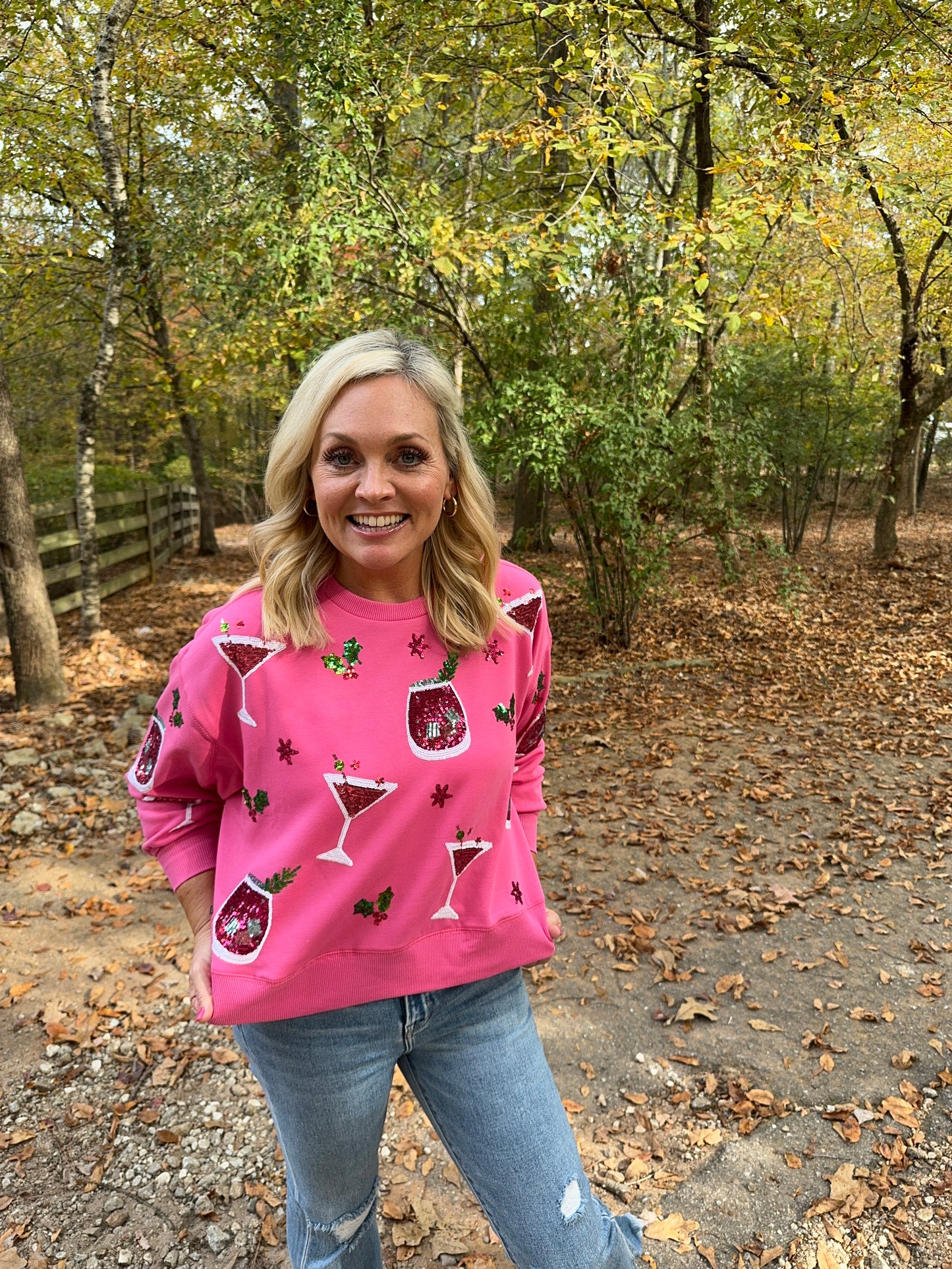 Boutique style sweatshirt martinis cocktails sequins Christmas oversized marked down Christmas