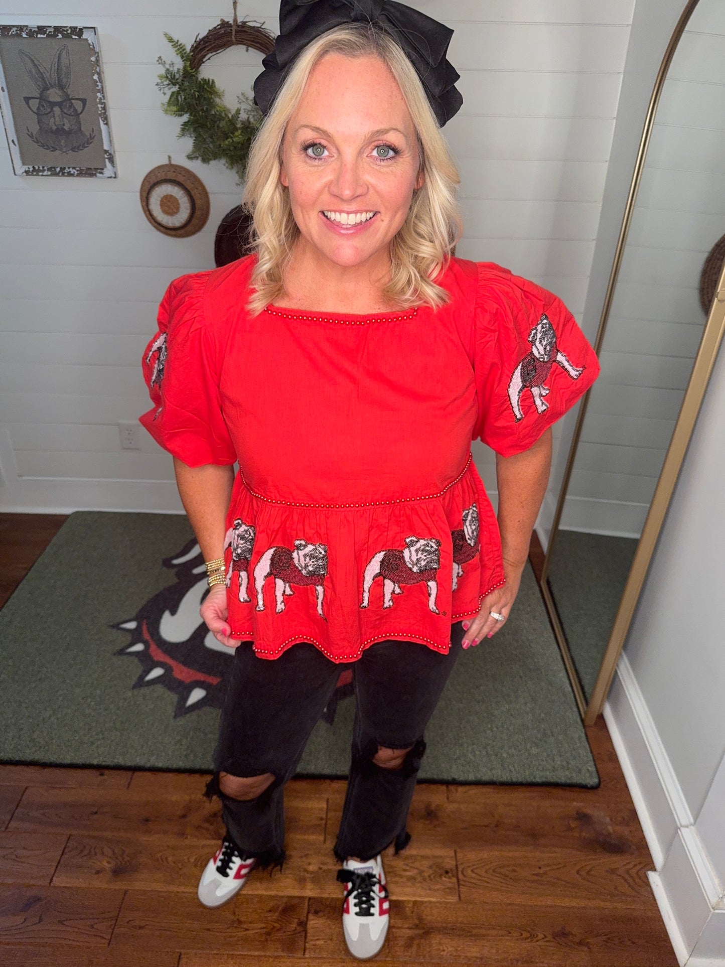 New Sequin bulldog peplum top red licensed lined with red pearl beads