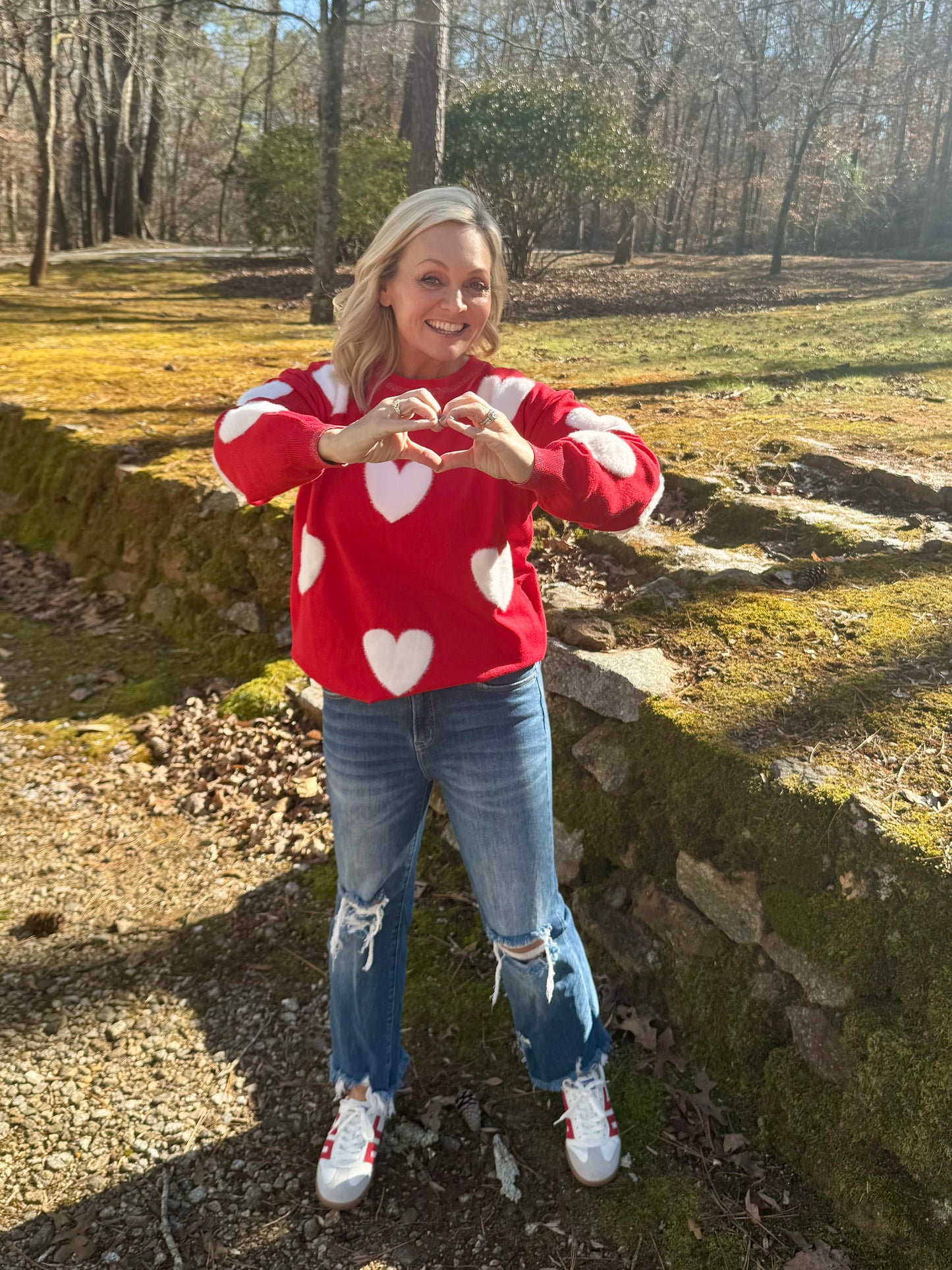 Valentine’s Day sweater red with white hearts marked down
