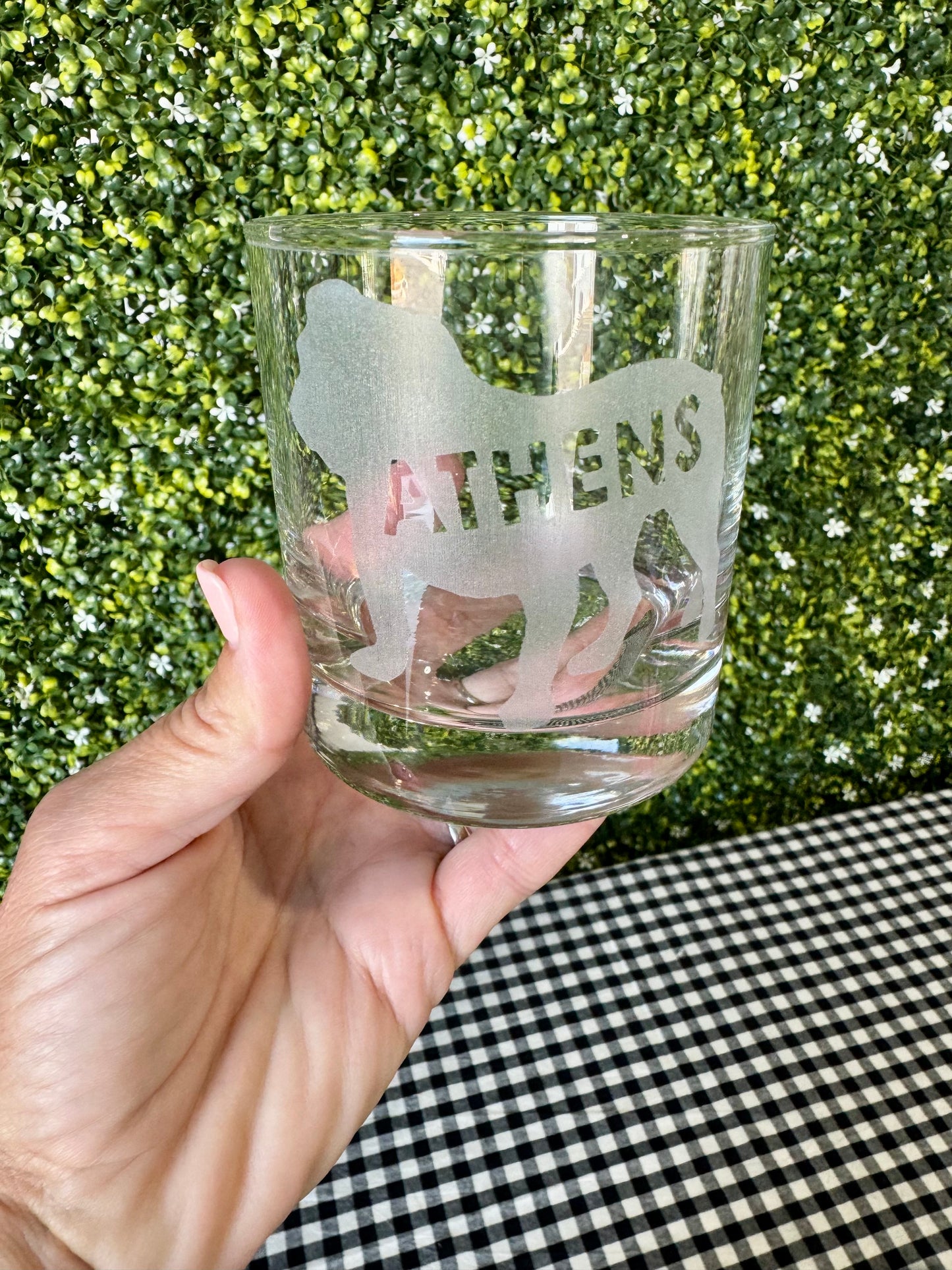 Athens bulldog whisky glass etched