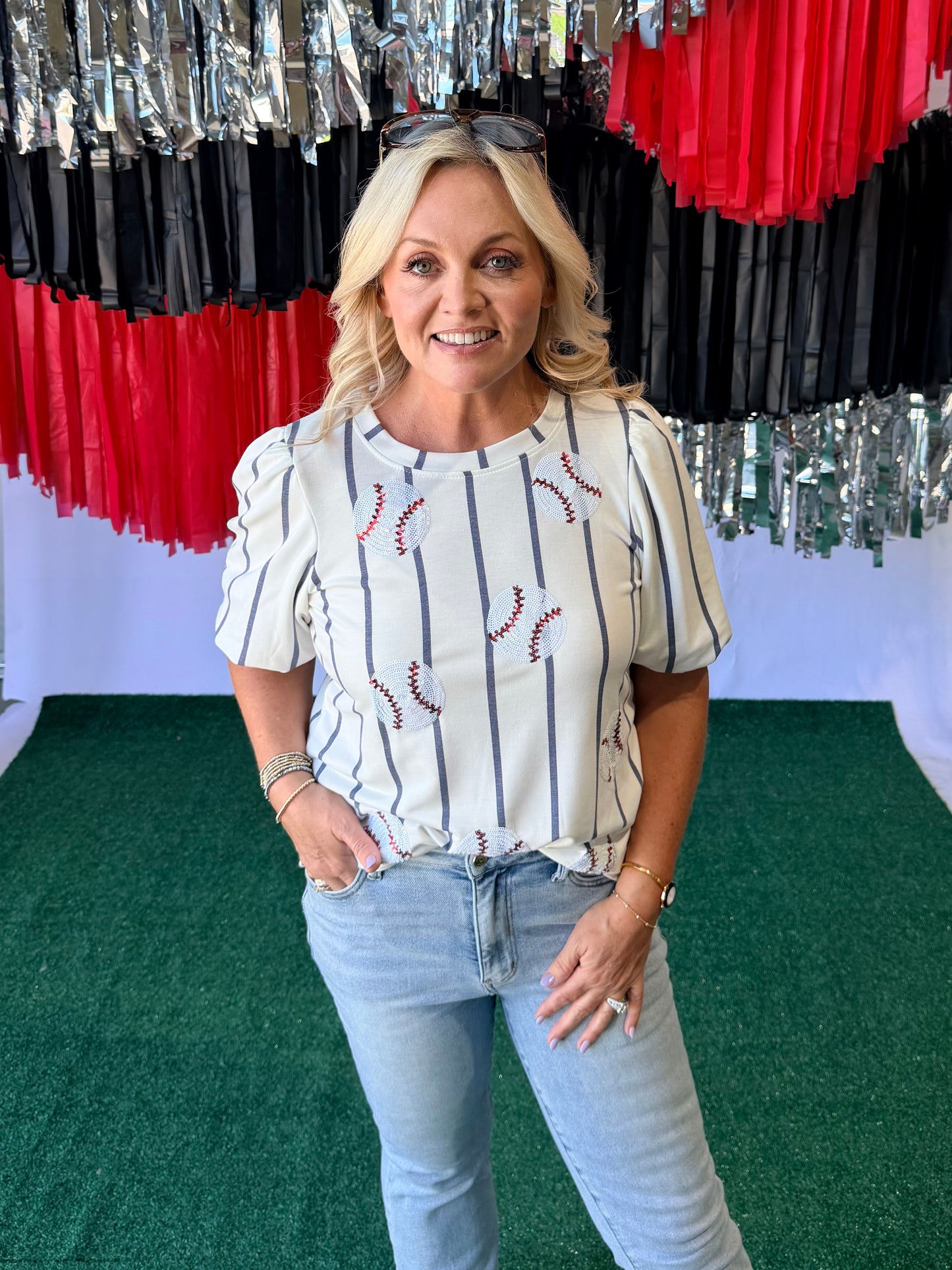 Sequin baseball ⚾️ top Super soft pinstripe white and navy warehouse sale clearance marked down