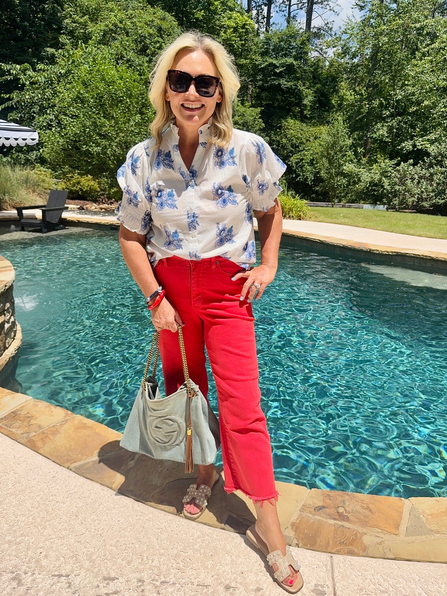Blue and white floral summer blouse marked down