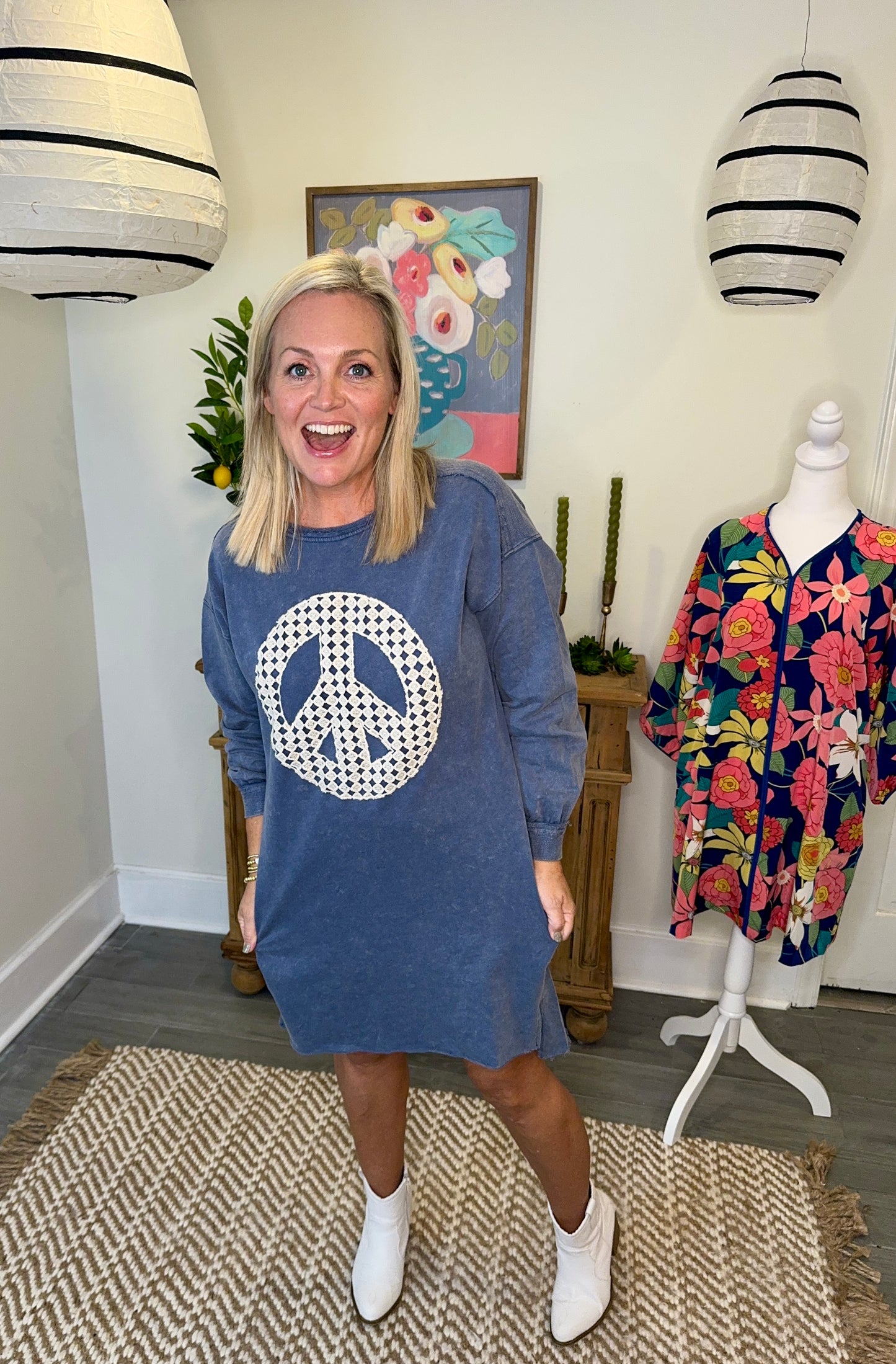 super soft vintage wash terry dress peace crochet denim blue marked down