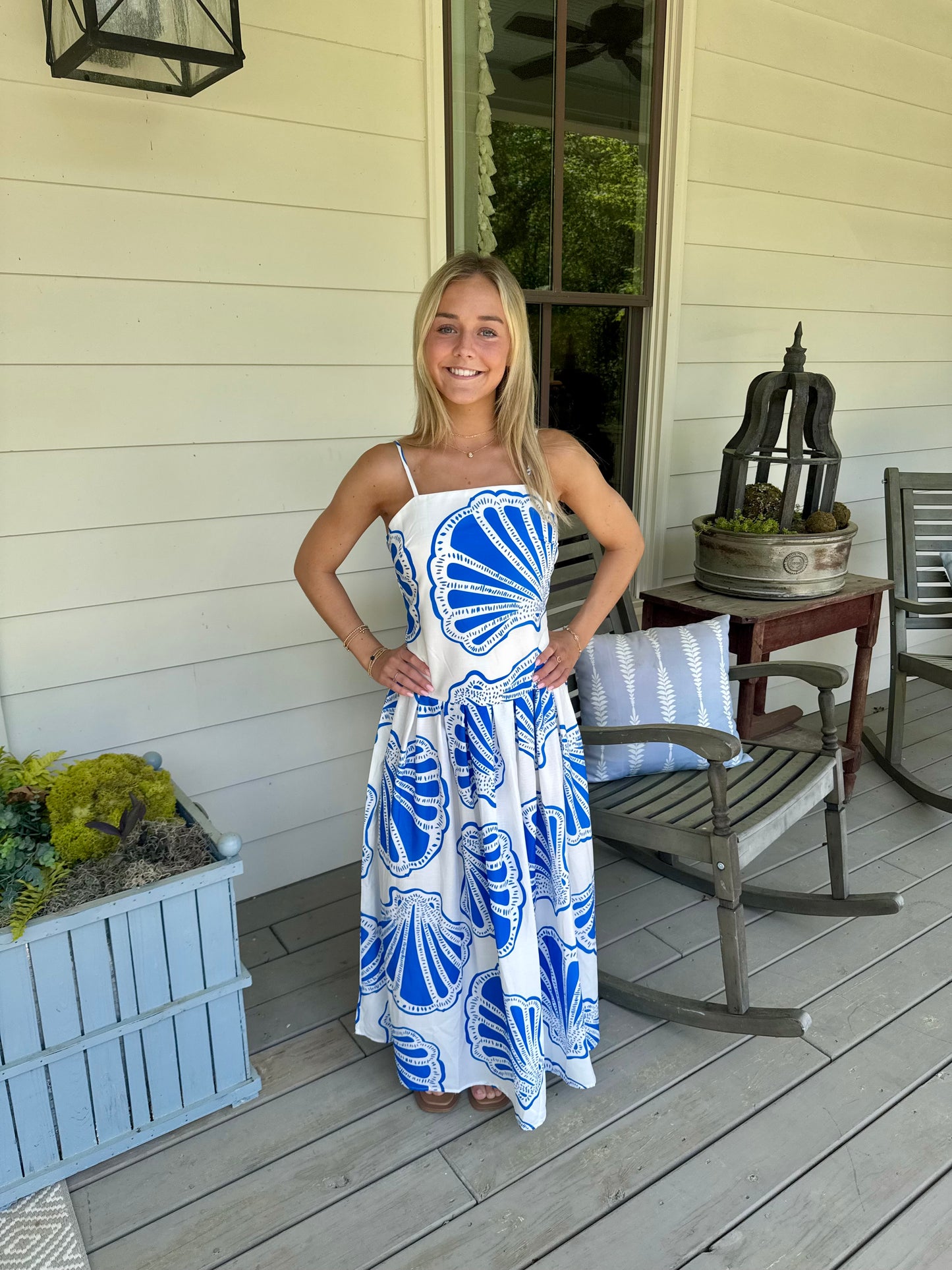 Summer long maxi dress blue and white shell marked down