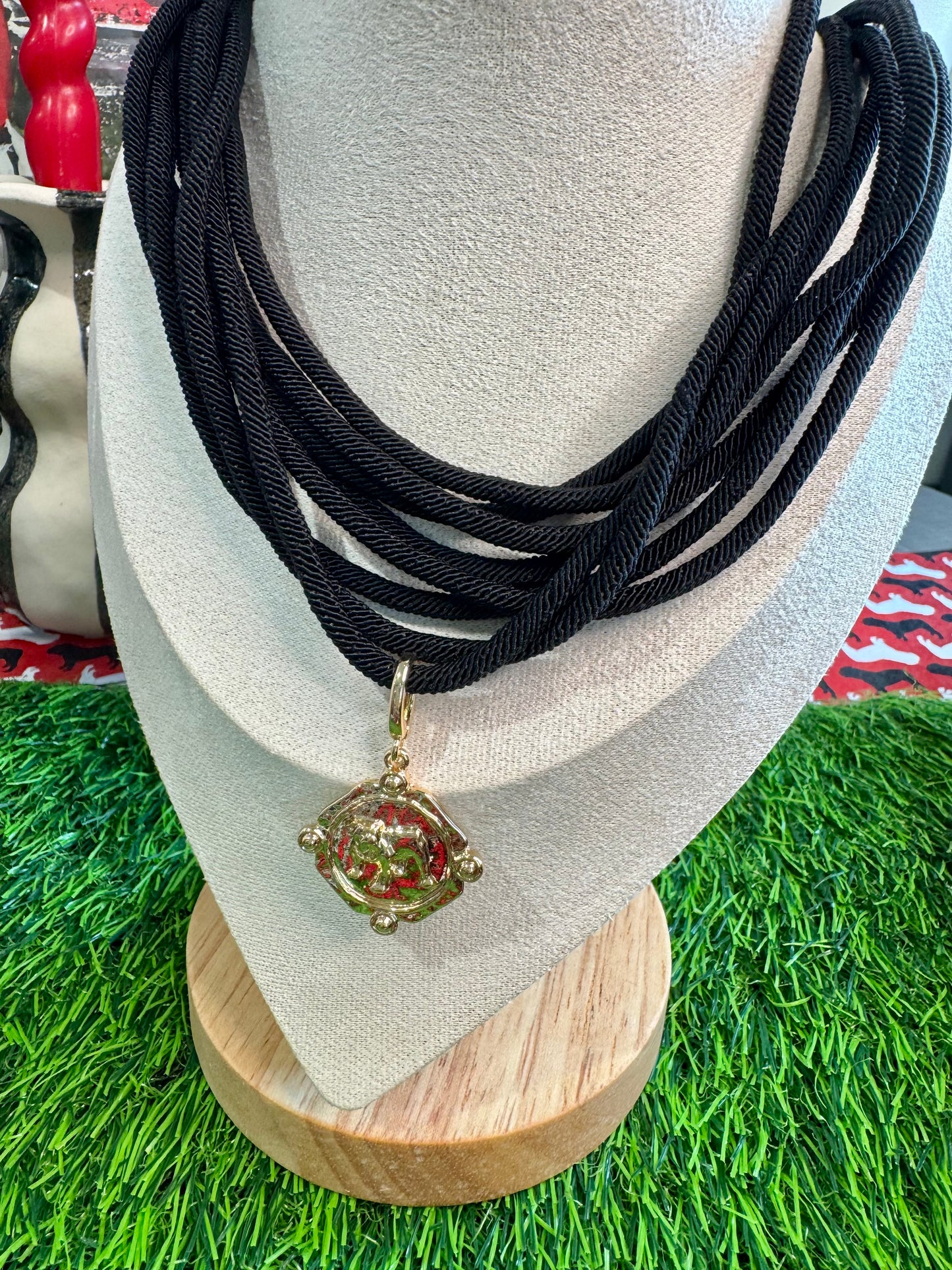 Black or red rope necklace with bulldog medallion charm
