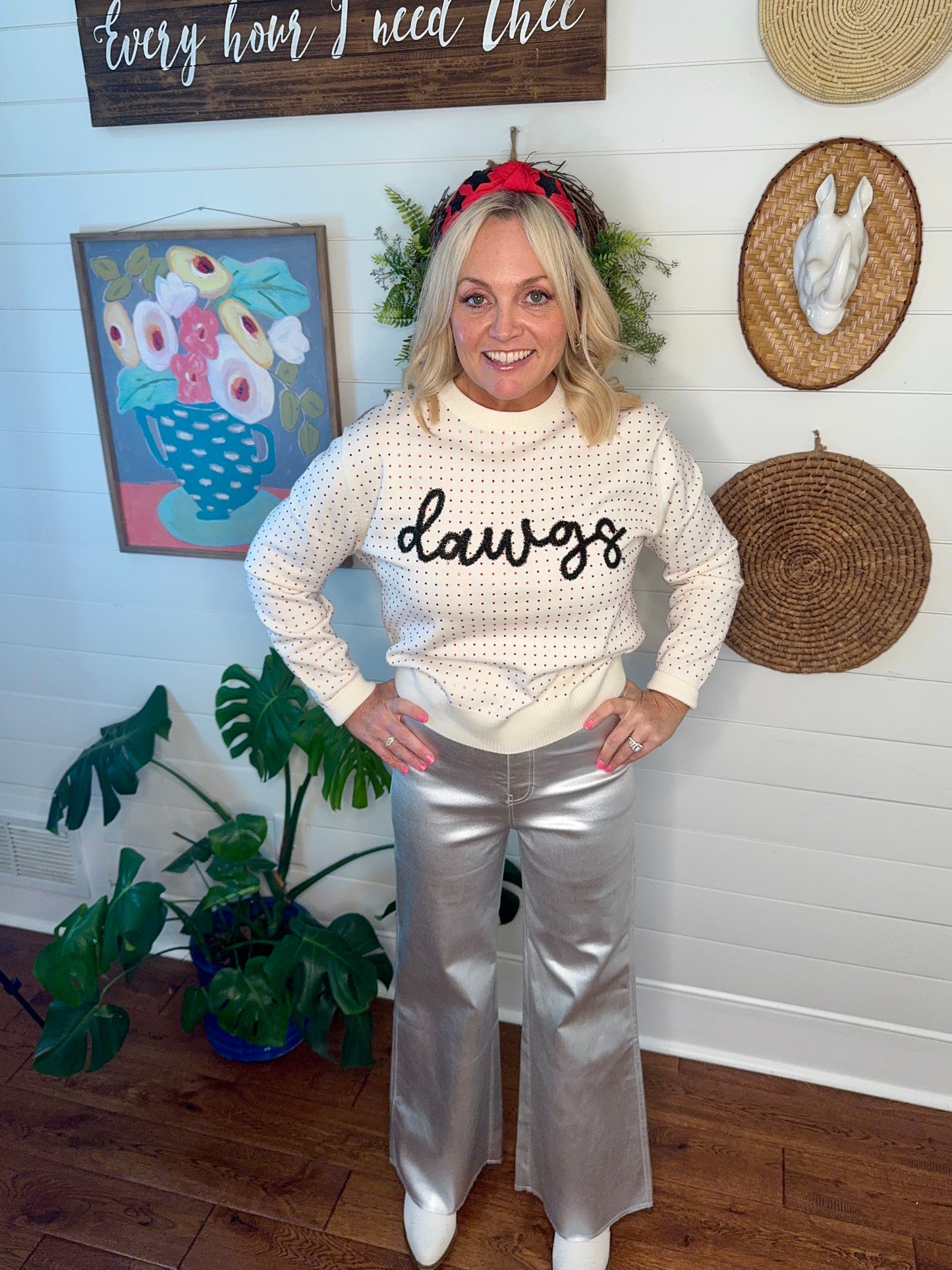 The Dawgs rhinestone and glitter script sweater licensed marked down