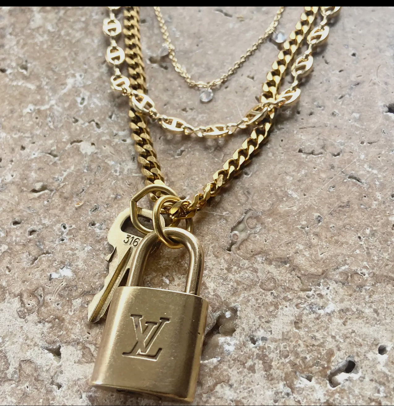 Louis Vuitton up-cycled repurposed lock key necklace
