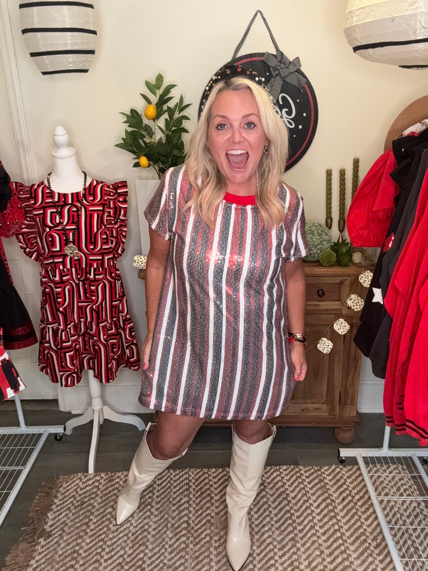 Sequin dress black and red stripe virtual marked way down