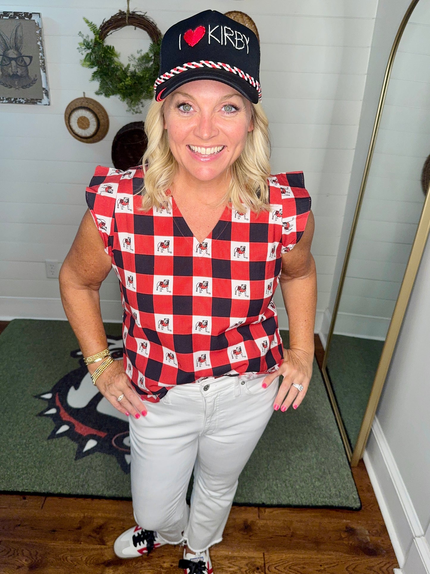 New Gingham ruffle top licensed bulldog