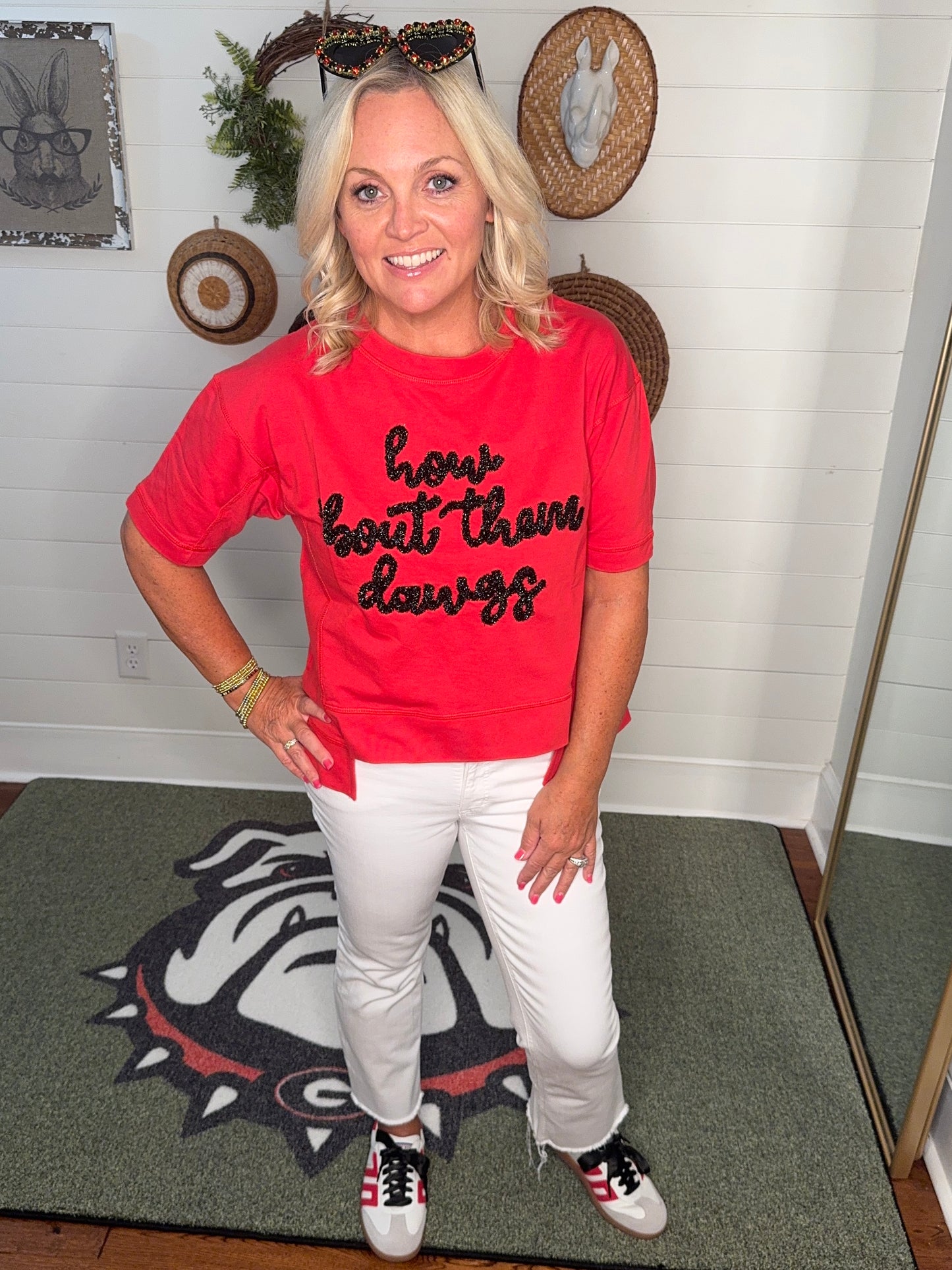 New Glitter script boxy red top “How bout them dawgs”