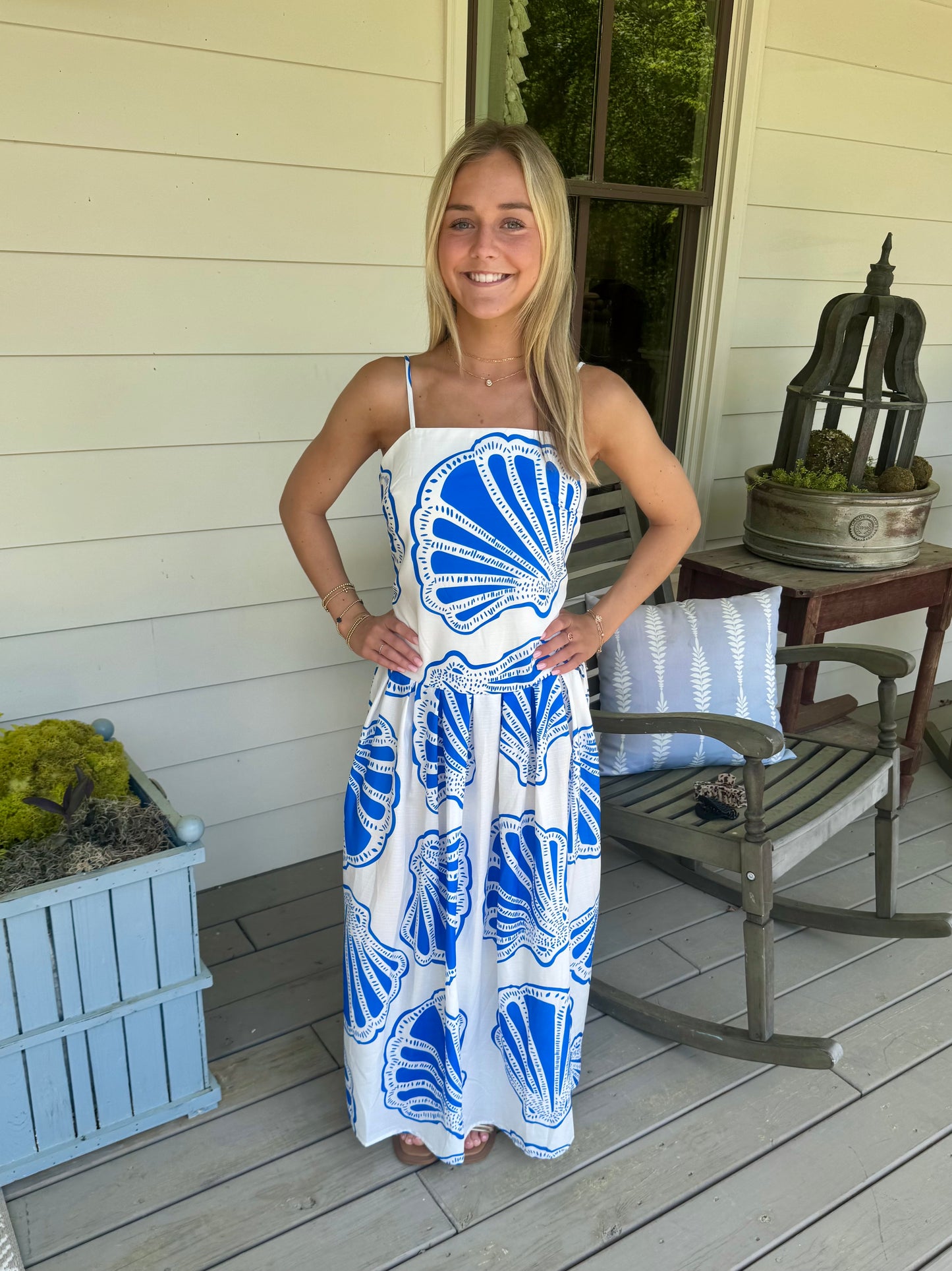 Summer long maxi dress blue and white shell marked down