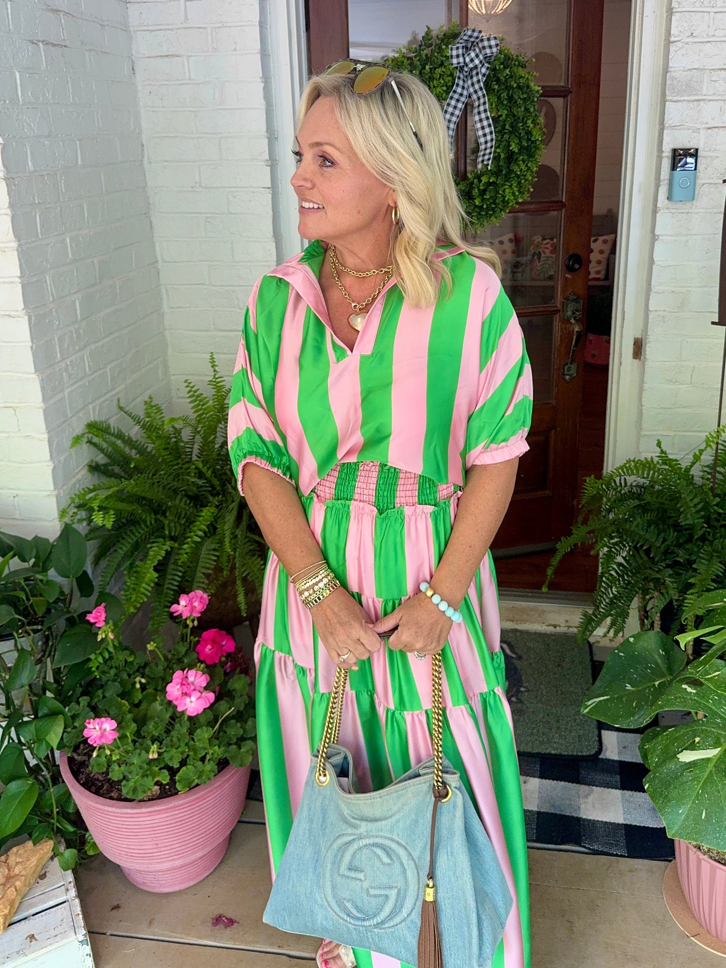 Summer top green and pink striped with collar marked down