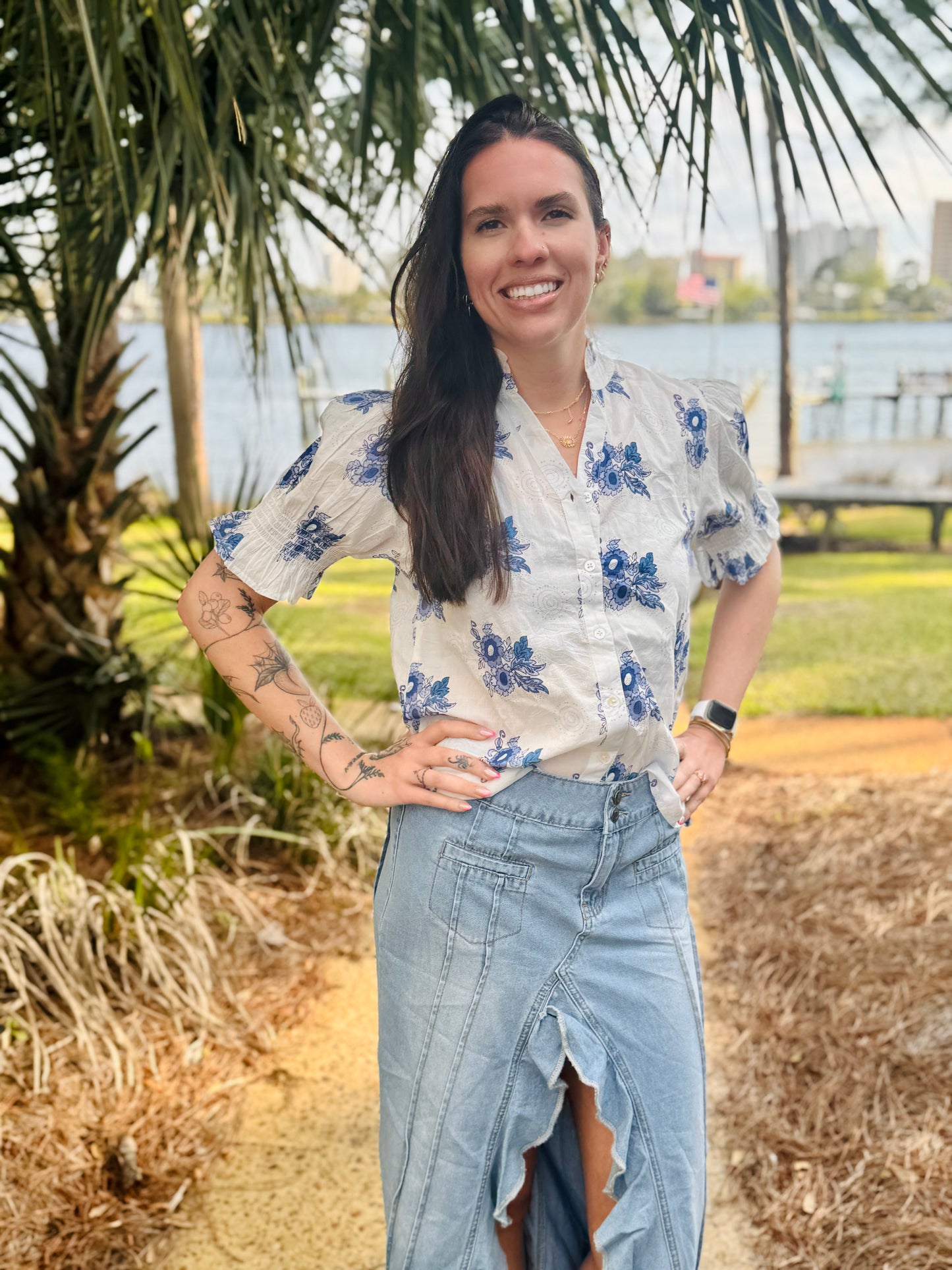 Blue and white floral summer blouse marked down