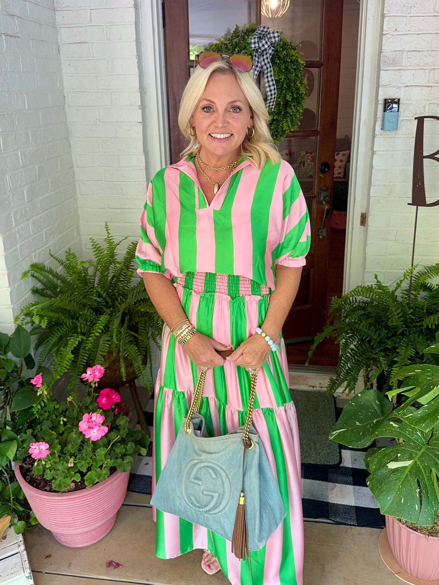 Summer top green and pink striped with collar marked down