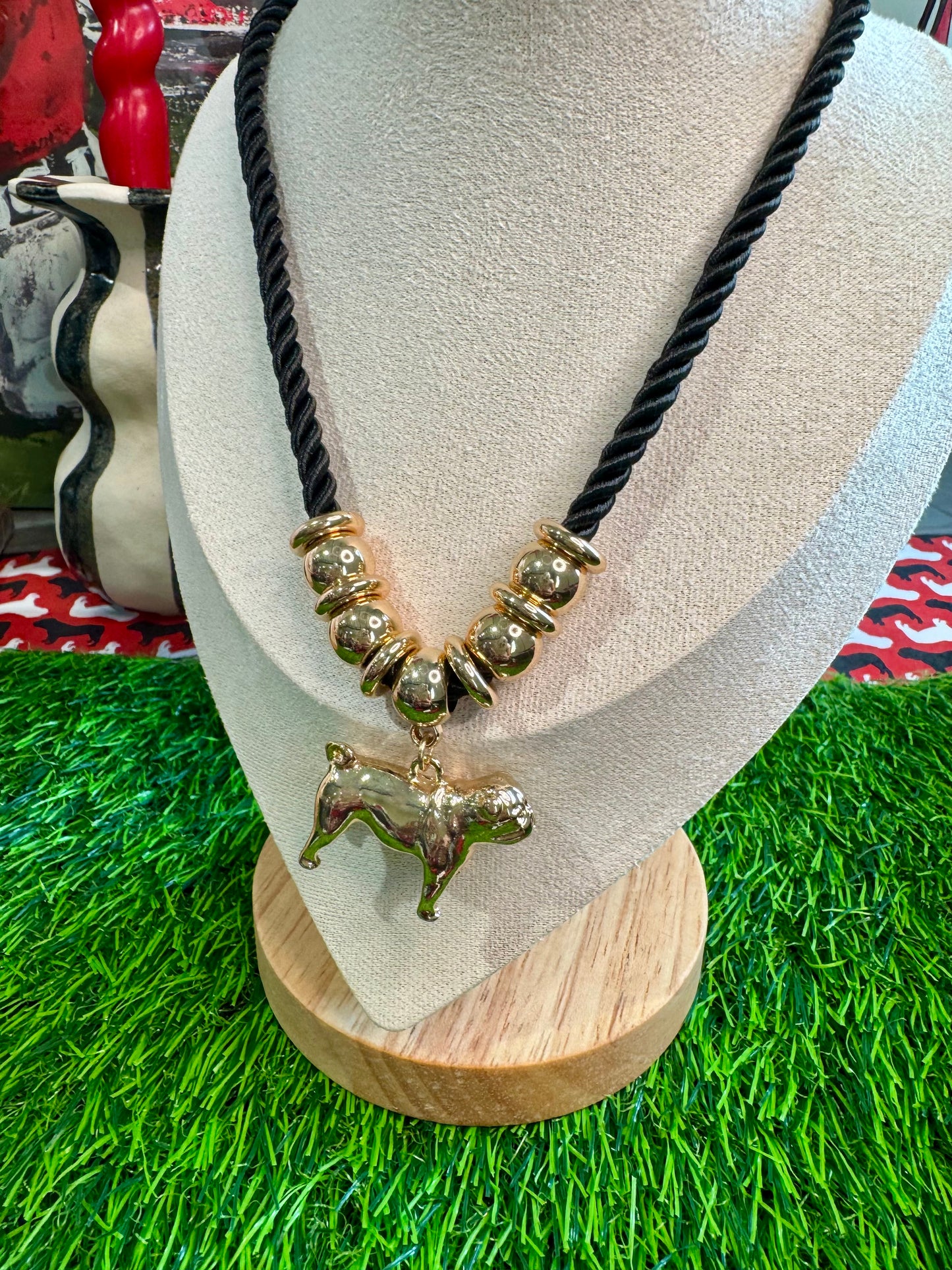 Rope necklace black with full body bulldog charm