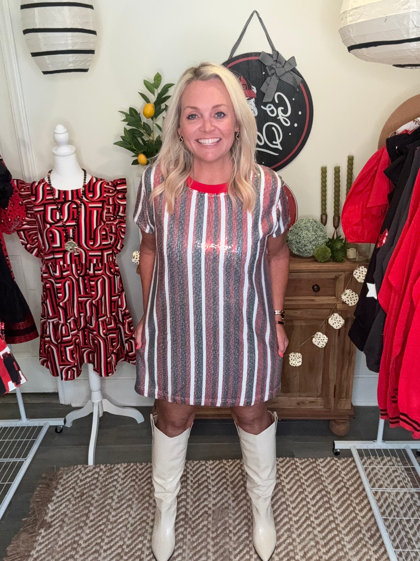 Sequin dress black and red stripe virtual marked way down