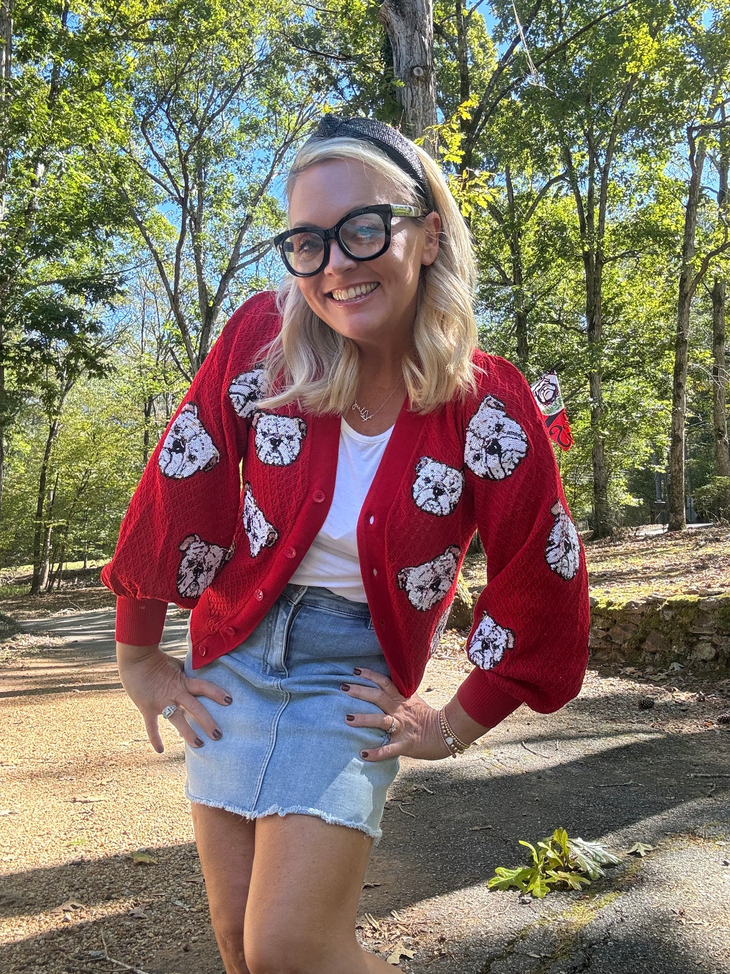 Sequin bulldog puff cardigan red UGA fall collection