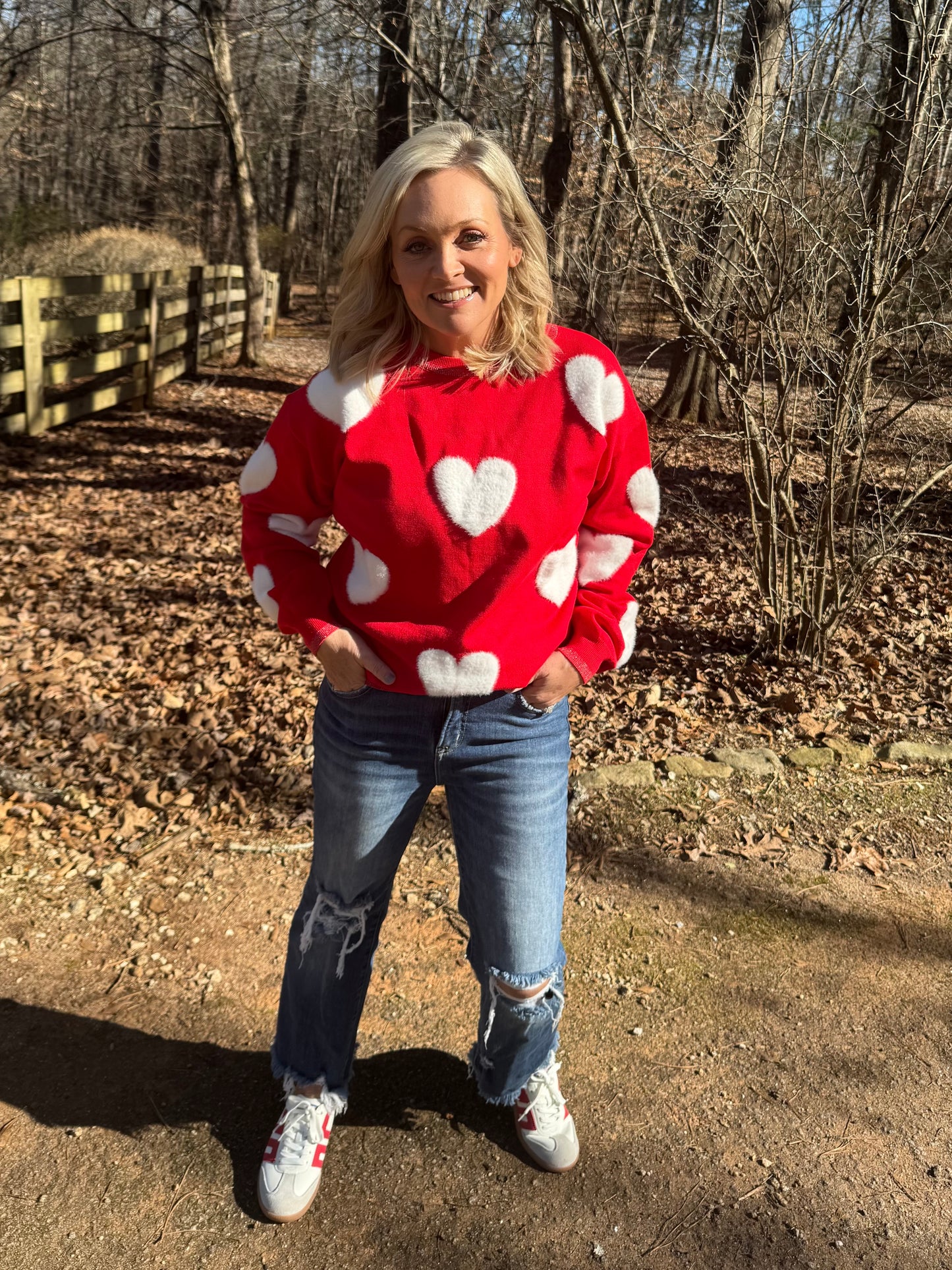 Valentine’s Day sweater red with white hearts marked down